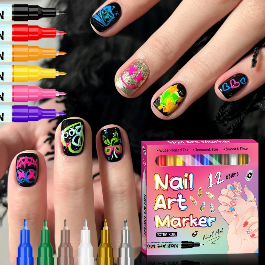 Lot de 12 stylos de vernis à ongles 12 couleurs 3D 0,5 mm outils de pointillage stylos de peinture acrylique stylo traceur à pointe pour dessin et peinture résistants à l'eau et à