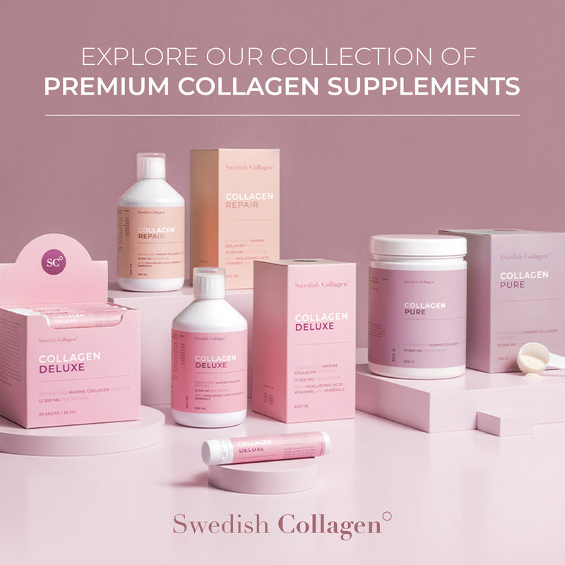 Swedish Collagen Ampoules buvables collagène de luxe, 30 x 25 ml, Complément liquide de collagène, 12 500 mg de collagène marin avec acide hyaluronique
