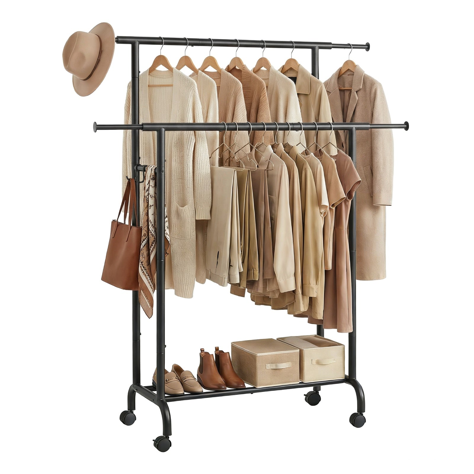 JOYFURNOS Portant à Vêtements Double avec Roulettes, Tringle à Vêtements Réglable, Cadre en Métal Robuste pour Chambre, Charge de 80 kg, Noir