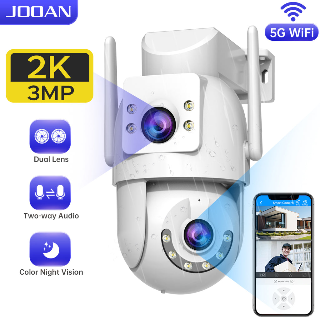 JOOAN Caméra de sécurité extérieure HD 2K à double objectif, Double Wi-Fi 5 GHz 2,4 GHz filaire, Rotation PTZ, Audio bidirectionnel, Alarme sonore et lumineuse, Suivi automatique