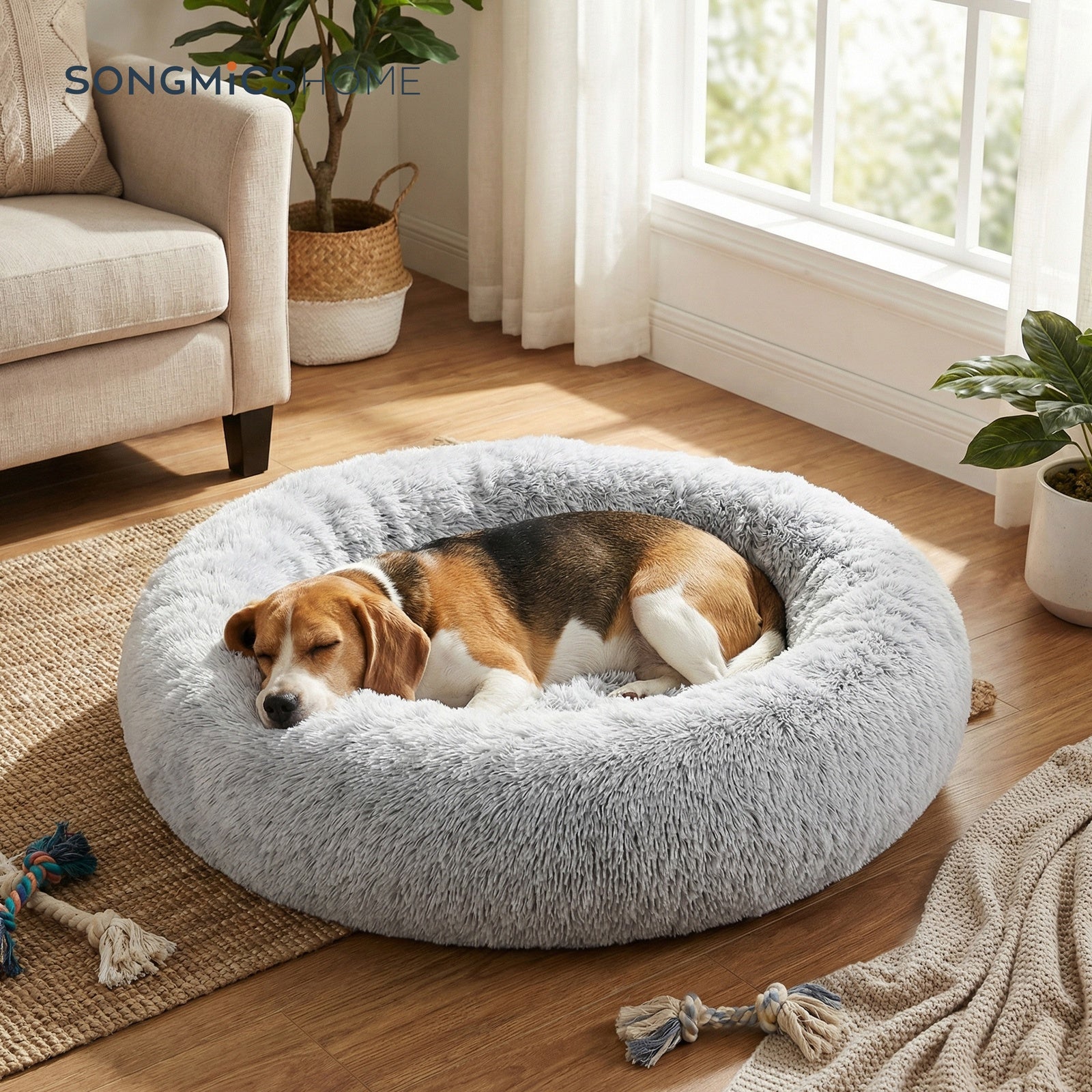 JOYFURNOS Lit pour chien en forme de beignet moelleux apaisant avec housse amovible lavable, 80 cm, gris