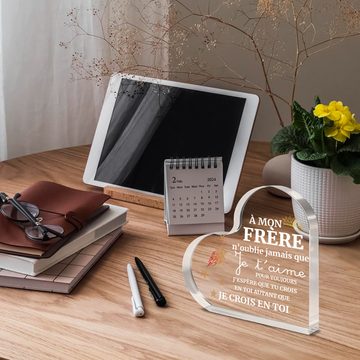 Alphynix 1 pc plaque en cristal cœur, "MON FRÈRE" cadeau français avec motif couronne et étoiles, Souvenir frère émouvant avec message "Je t'aime pour toujours", Cadeau d'encouragement pour frère