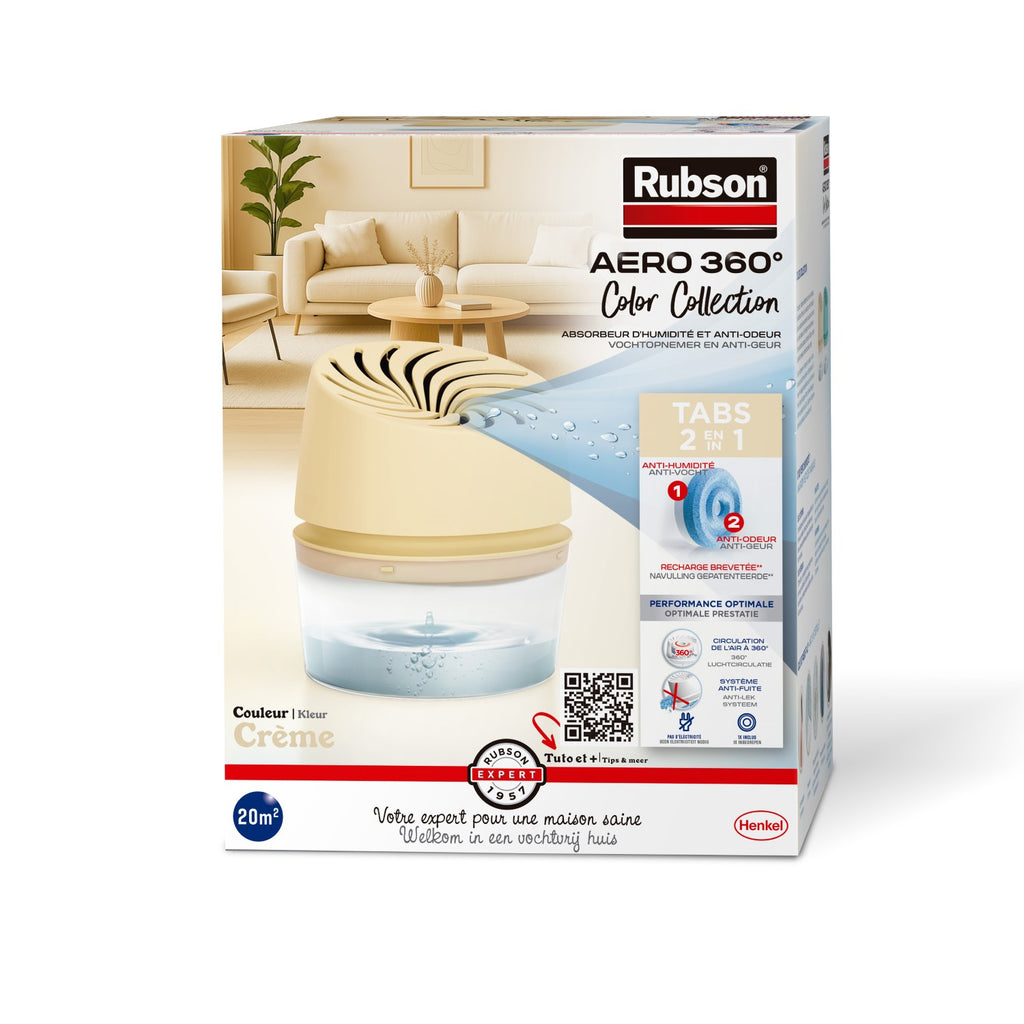 Rubson – Absorbeur d'Humidité Aero 360° Couleur Crème (1 appareil + 1 recharge de 450 g) – Absorbeur anti-humidité pour pièce jusqu'à 20 m² – Déshumidificateur d'air anti-odeur et anti-moisissure