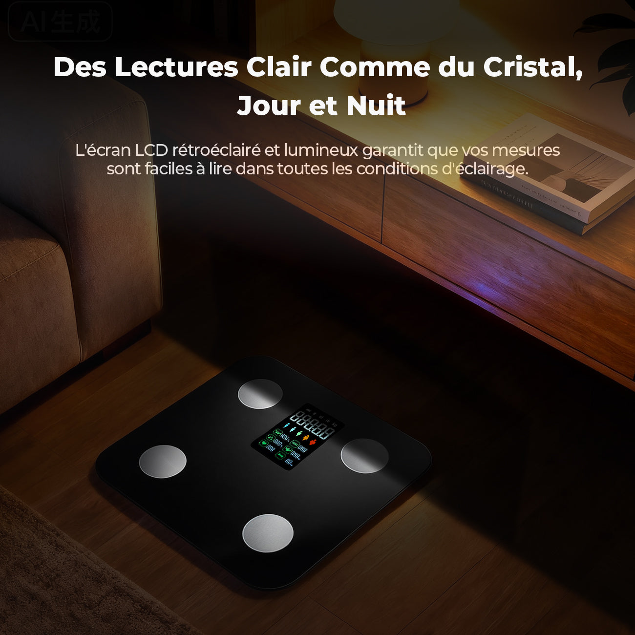 Sparoma ZJ08 Balance de salle de bain numérique avec écran LCD couleur – Alimentée par piles (4 × AAA non incluses), moniteur Bluetooth de graisse corporelle et de fréquence cardiaque avec suivi par application