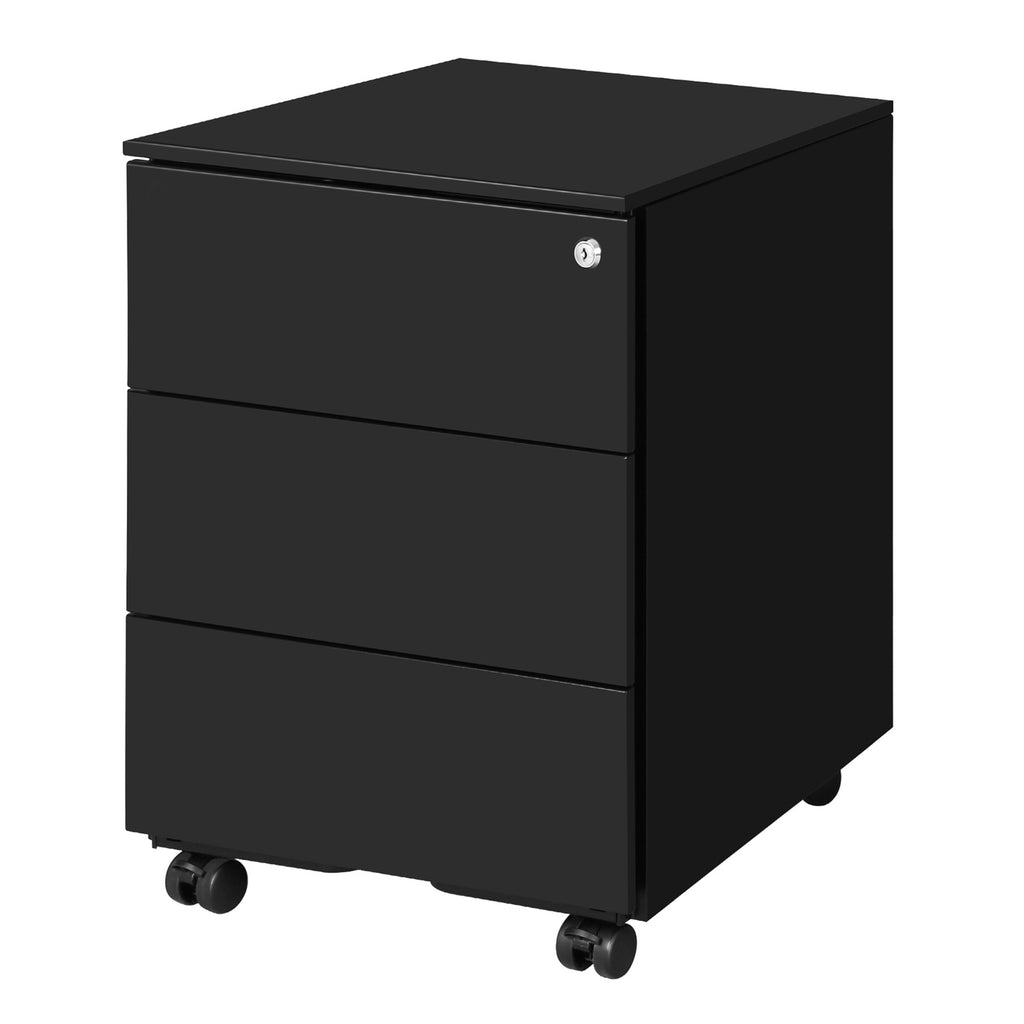 JOYFURNOS Armoire à dossiers mobile verrouillable noir mat – 3 tiroirs, préassemblée, rangement pour documents et fournitures, 39 x 45,1 x 53,8 cm – rangement compact pour bureau ou télétravail