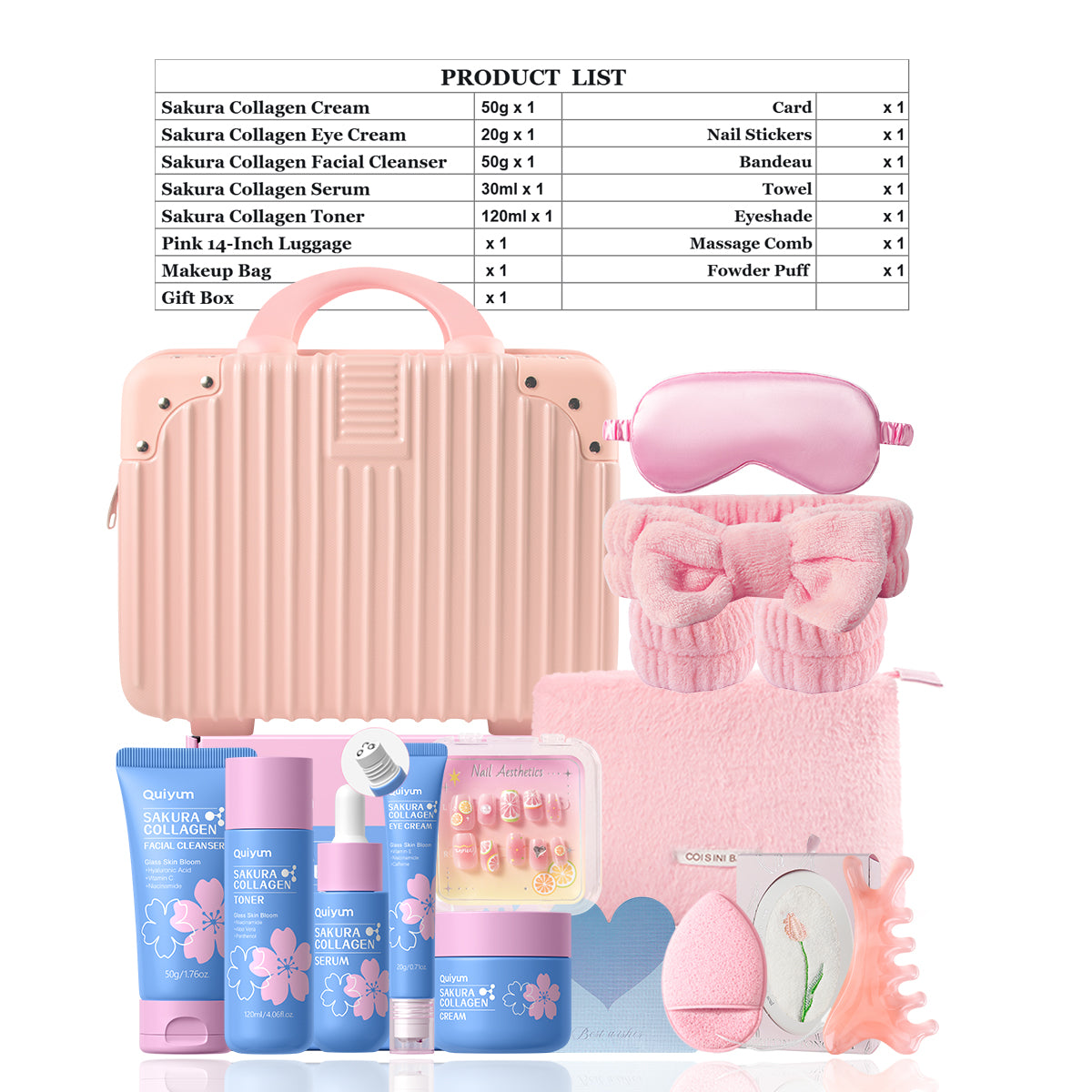 Quiyum Coffret de soins Sakura au collagène (13 pièces) : Nettoyant 50 g, Lotion tonique 120 ml, Sérum 30 ml, Crème contour des yeux 20 g, Crème 50 g, Stickers pour ongles, Bandeau