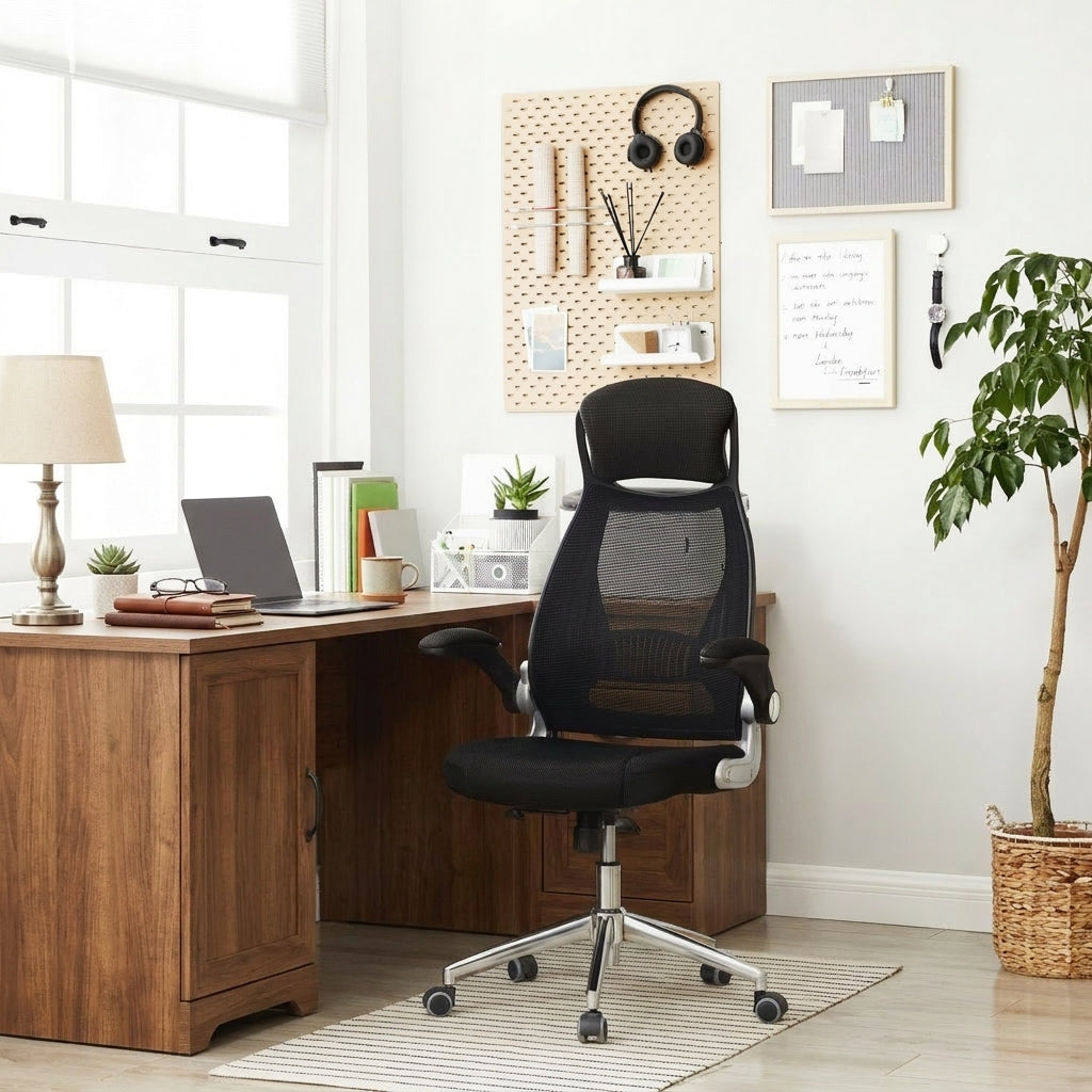 JOYFURNOS Chaise de bureau, chaise de secrétariat, fauteuil de direction, fauteuil pivotant avec appui-tête, accoudoirs rabattables, fonction basculante, noir
