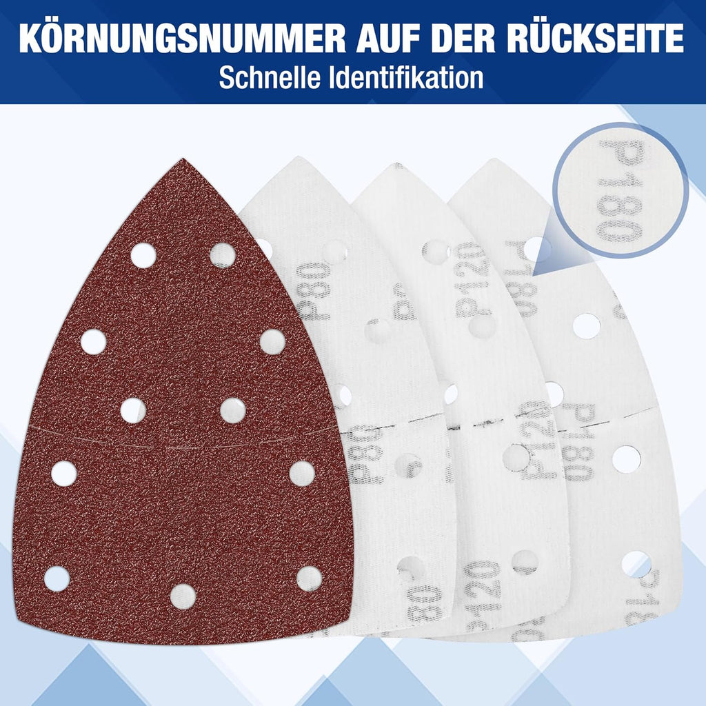 WORKPRO Lot de 100 feuilles de ponçage triangulaires Velcro delta, 105 x 152 mm, grains 40/80/120/180 pour ponçage bois.