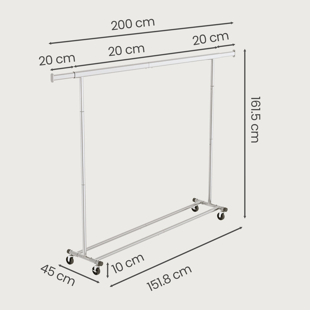 JOYFURNOS Portant à Vêtements sur Roulettes, Portant à Vêtements Réglable, Robuste, Pour Chambre, Capacité 150 kg, Montage Facile, Argent