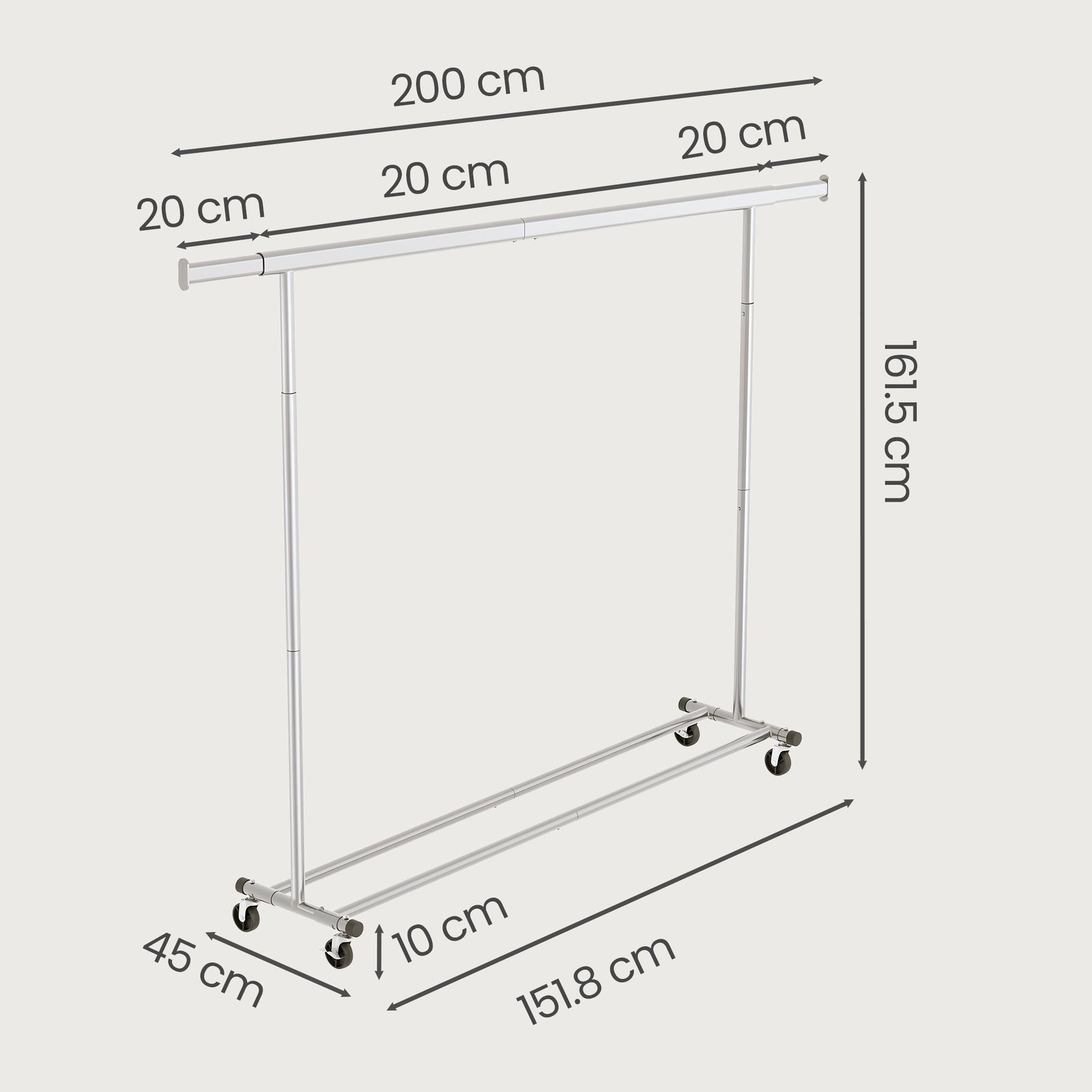 JOYFURNOS Portant à Vêtements sur Roulettes, Portant à Vêtements Réglable, Robuste, Pour Chambre, Capacité 150 kg, Montage Facile, Argent