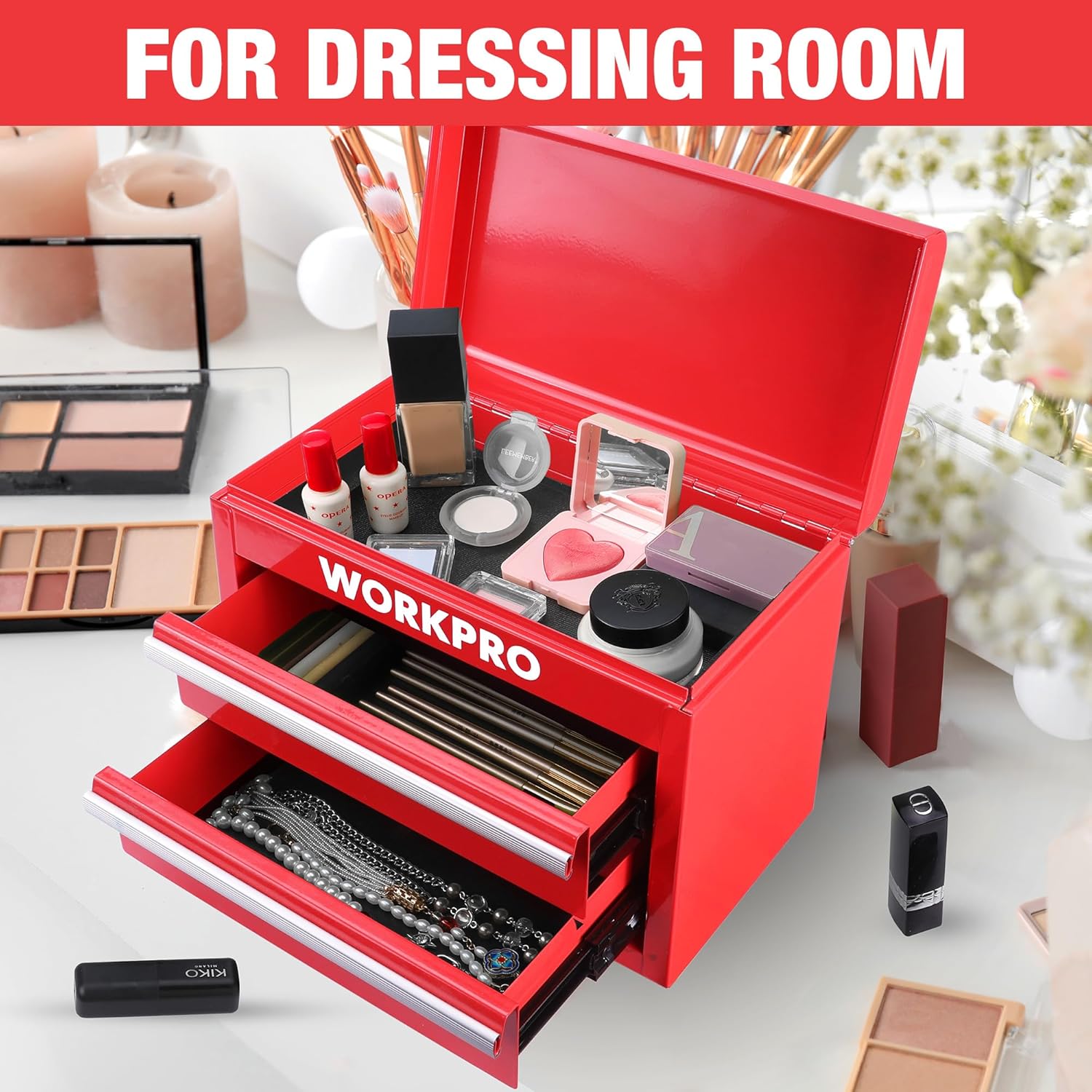 WORKPRO Boîte à tiroirs métallique avec 2 tiroirs et espace de rangement supérieur, Rouge, 27,5 x 15 x 20,8 cm, Organiseur de table avec tiroirs pour bureau, vestiaire et poste de travail