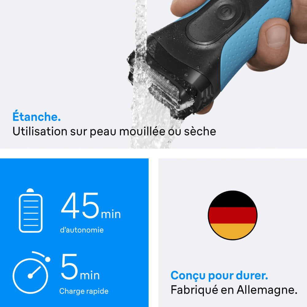 Braun Series 3 3040 - Rasoir Électrique à Grille Wet & Dry - Tondeuse de Précision Intégrée - Rechargeable - Bleu/Noir