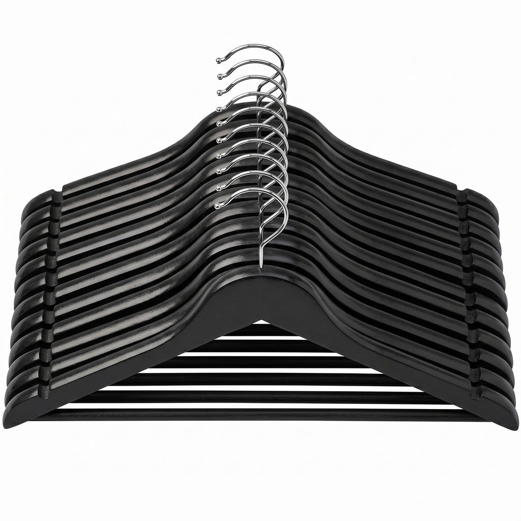 JOYFURNOS Cintres en Bois Massif, Lot de 10, Avec Rainures sur les Épaules, Pour Costumes, Chemises, Manteaux, Noir