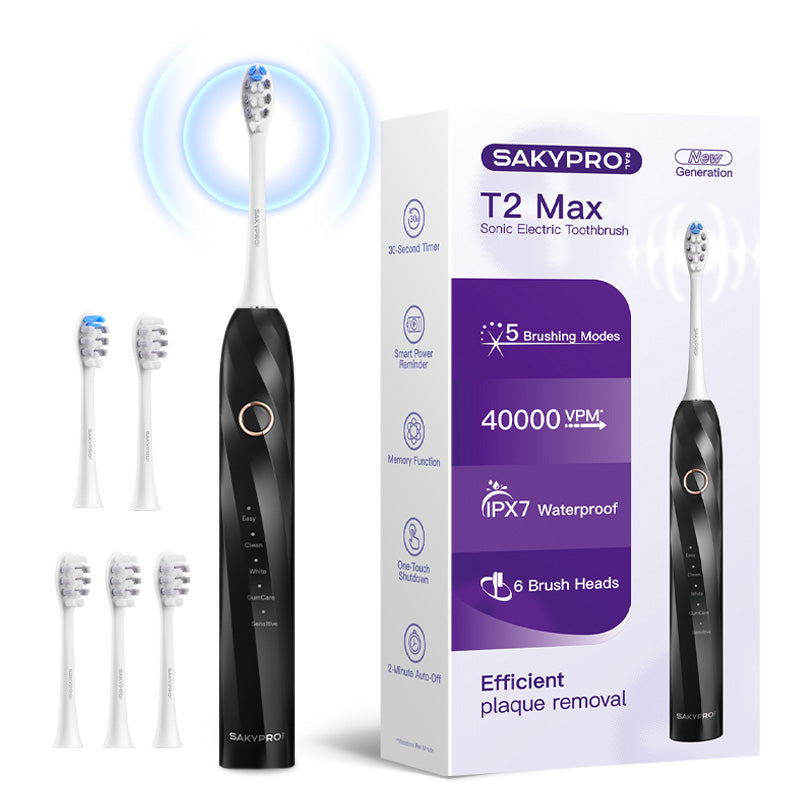 SAKYPRORAL T2 MAX Brosse à dents électrique avec 6 têtes de brosse, 5 modes de brossage, autonomie de 75 jours, minuteur intelligent - Noir