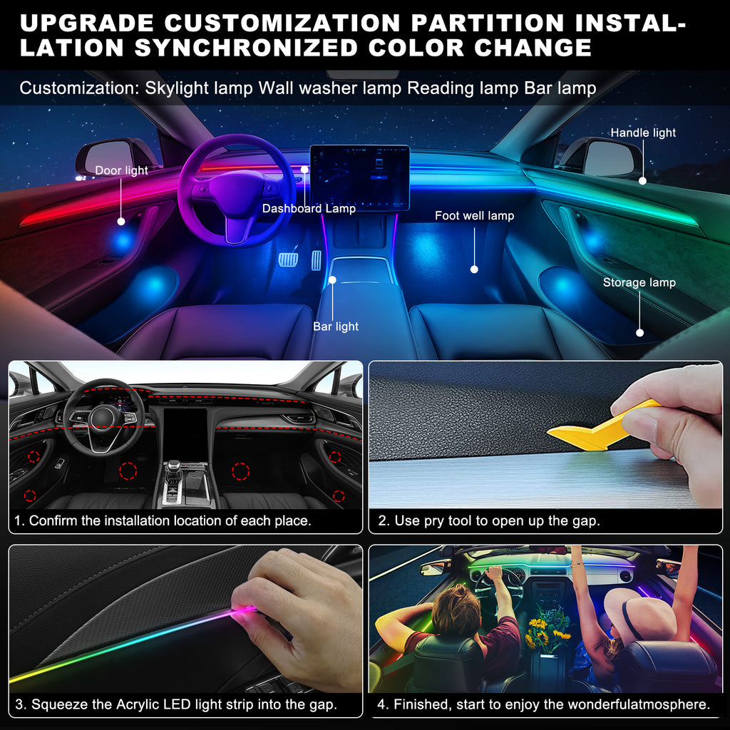 Dreamcolor Ruban LED à fibre optique avec application sans fil, RGB 18-en-1, 175 pouces, 593 LED et effet dynamique avec synchronisation musicale pour voiture