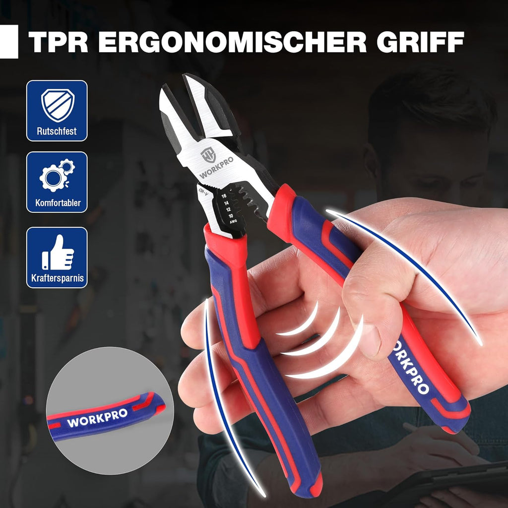 WORKPRO Pince multifonction 2-en-1 : Pince à dénuder et pince coupante latérale, 200 mm, Pour fils durs et souples