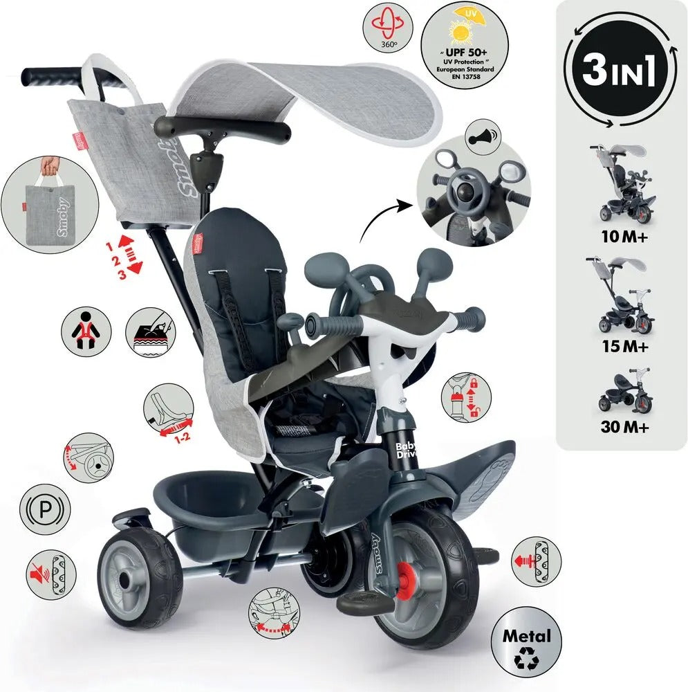 Smoby - Tricycle Baby Driver Gris - Evolutif 3 en 1 - Poignée Parentale Réglable - Frein de Parking, Repose-pied, Pare-soleil Anti-UV - A Partir de 10 Mois Jusqu'à 3 Ans - Fabrication Espagnole