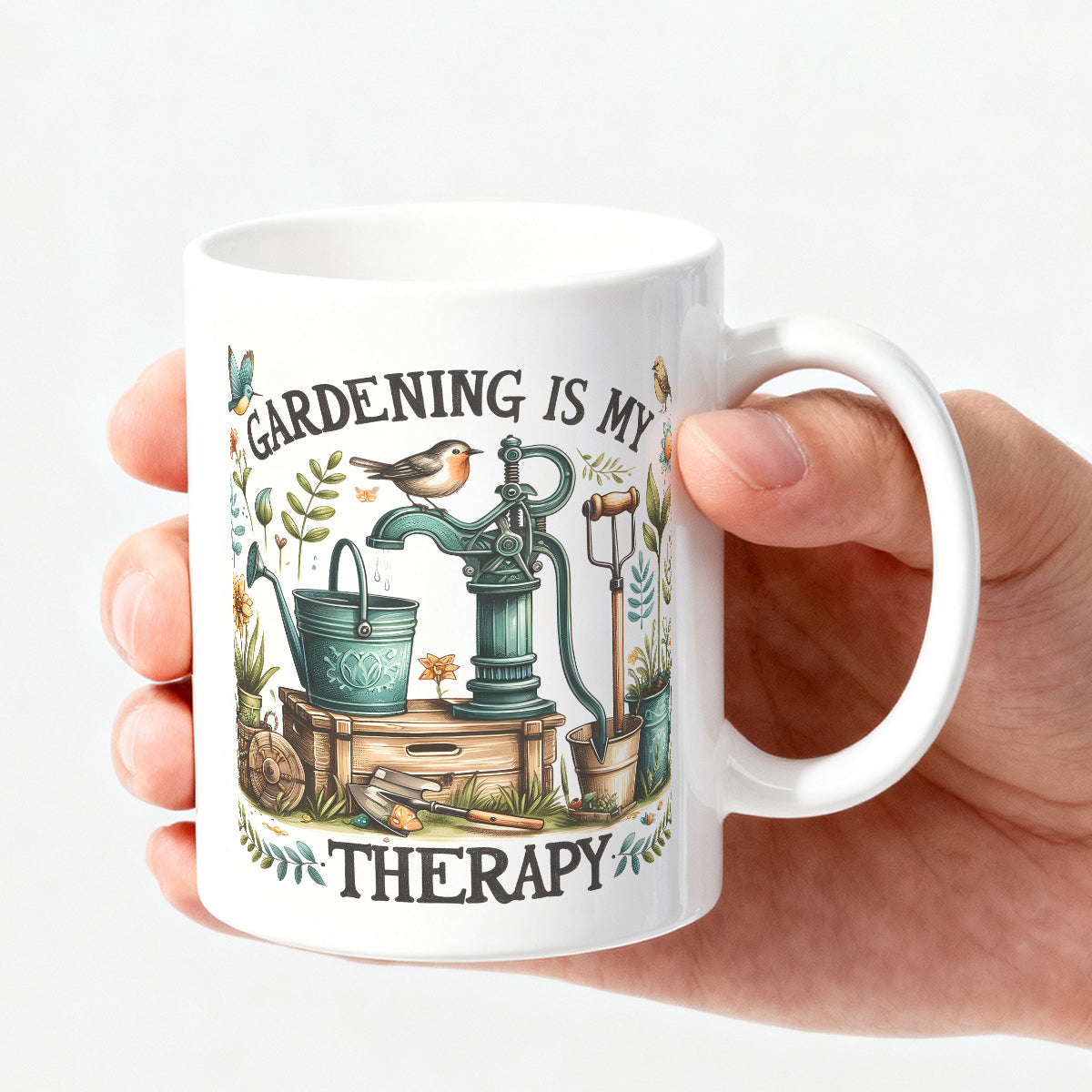 Alphynix Mug en céramique blanc 1 pièce 11 oz avec arrosoir, pelle et fleurs épanouies avec oiseau