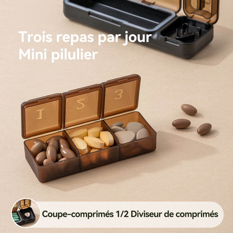 JORDAN&JUDY Petit organiseur de pilules, boîte de rangement portable mini pour pilules quotidiennes avec coupeur de comprimés, 1 pièce, marron
