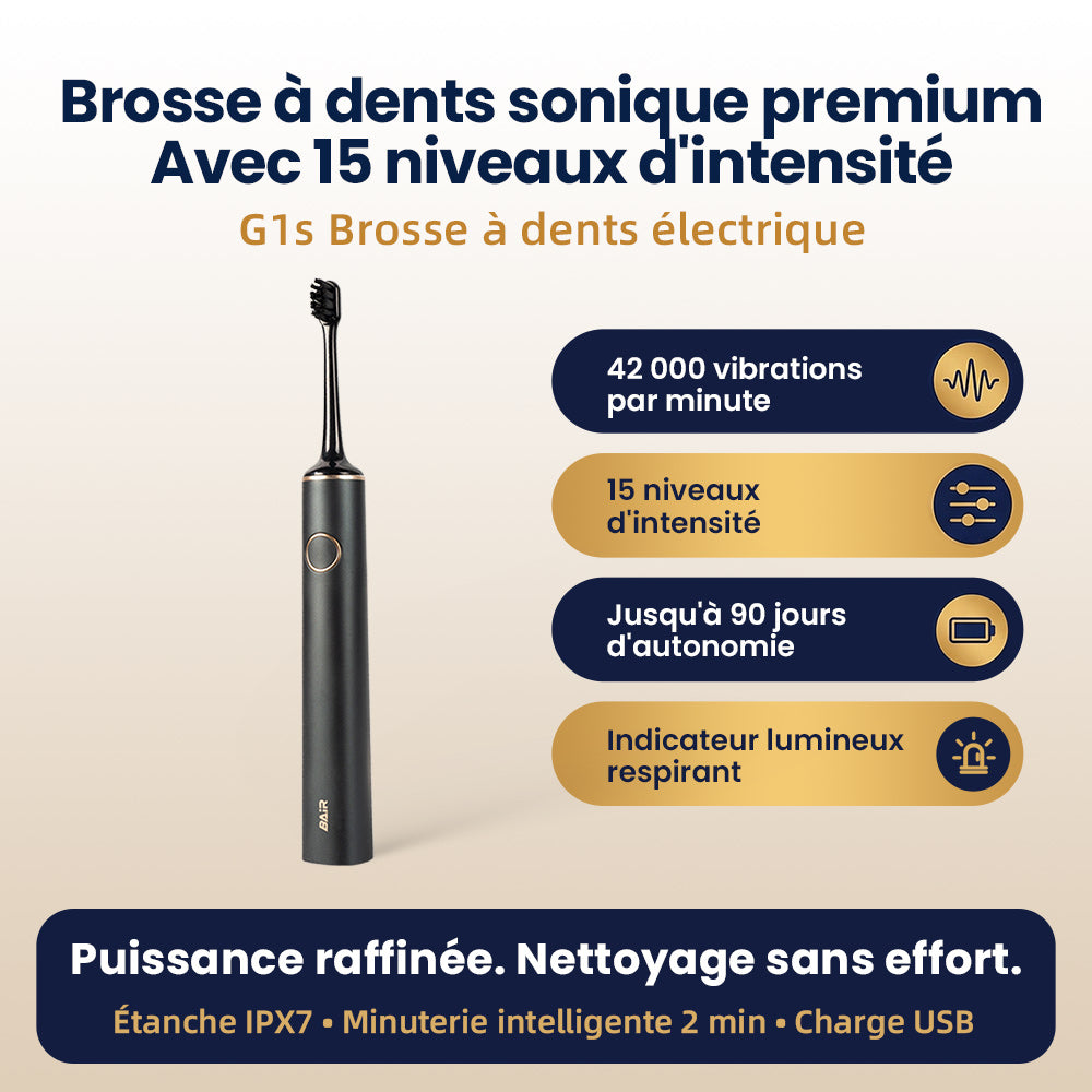BAIR CARE G1s Brosse à Dents Électrique Sonique - 90 Jours d'Autonomie, Rechargeable, 5 Modes & 3 Intensités, Minuteur Intelligent 2 Min, Étanche IPX7, Inclut un Étui de Voyage Premium