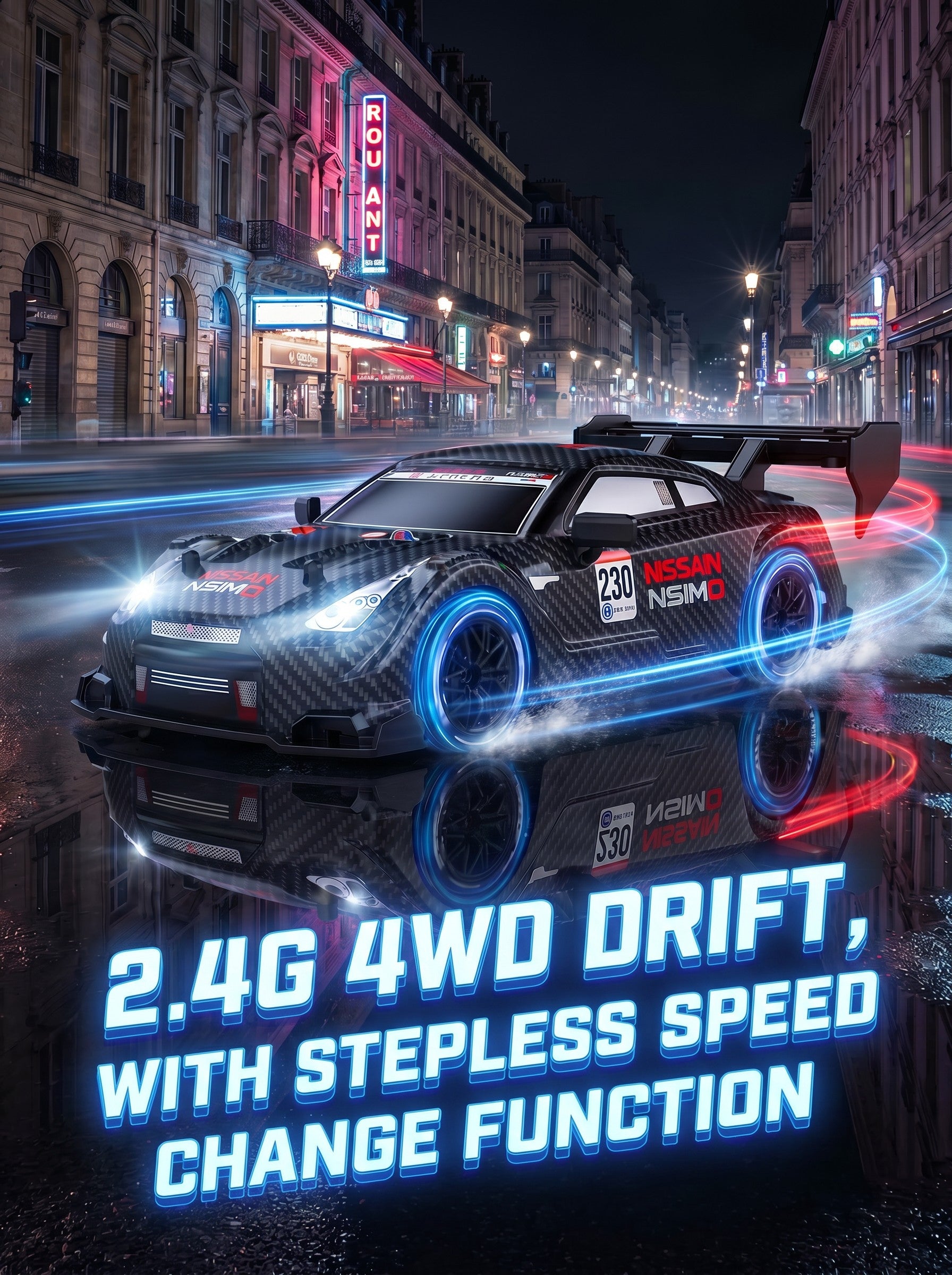 Voiture de Drift RC 4WD GTR 1:24, Vitesse Proportionnelle 2,4 g, Pneus à Double Montage, Châssis à Absorption des Chocs, Jouet de Course Intérieur pour 8 Ans et Plus, One Piece en Noir