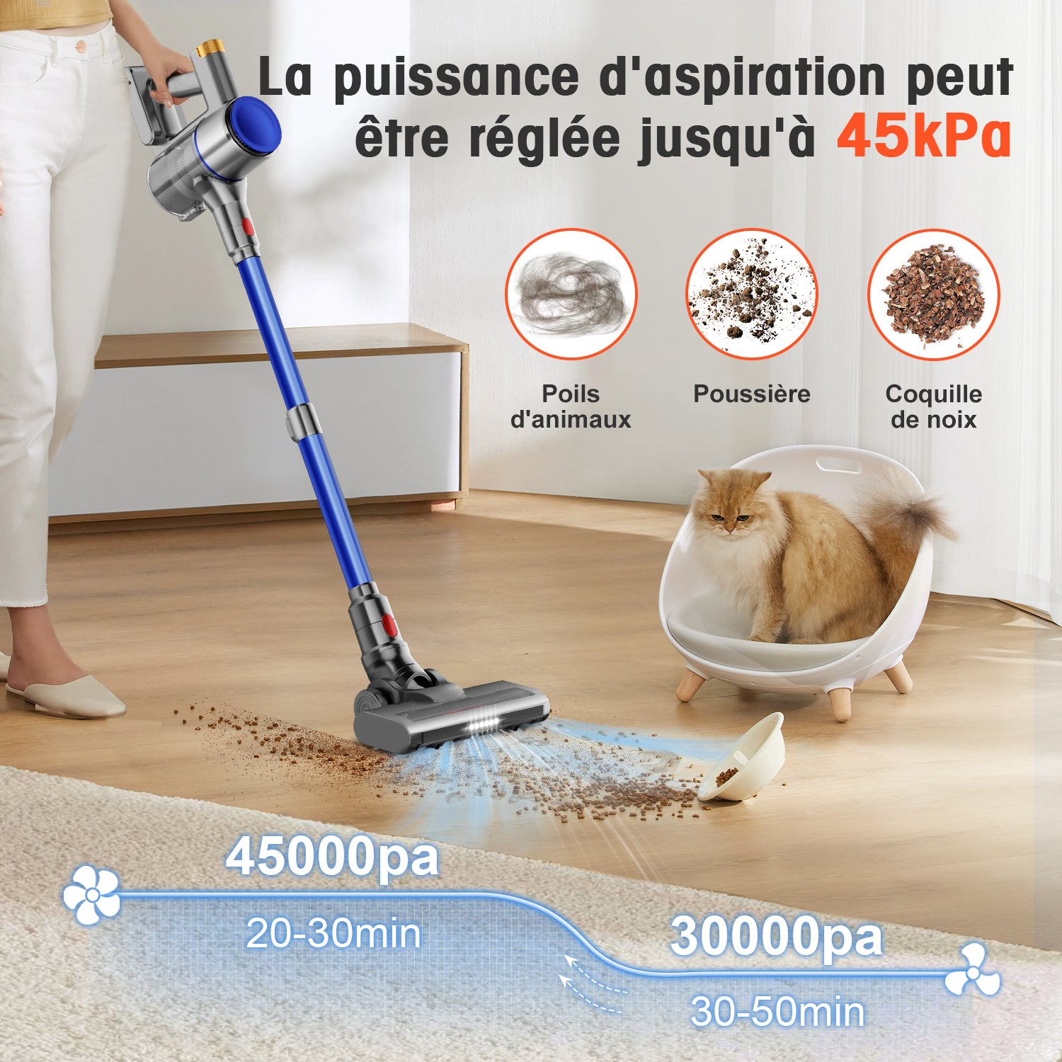 Aspirateur sans fil Daynee, 45000 Pa, 50 min, 1,6 L, 4 filtres HEPA, pour poils d'animaux, tapis, sols durs