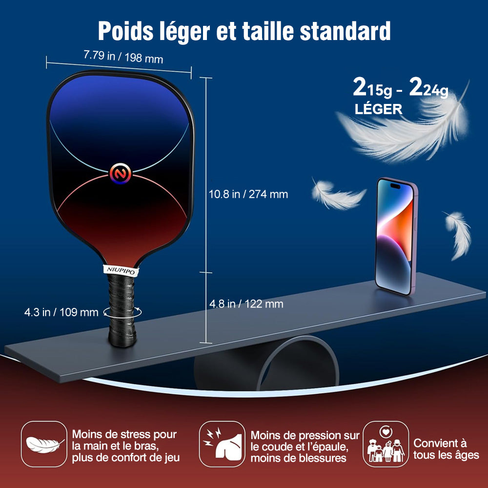 Niupipo Lot de 2 raquettes de pickleball MX-75, matériau en fibre de carbone, noyau nid d’abeille en polypropylène, certifiées USAPA, légères et durables, pour débutants et professionnels