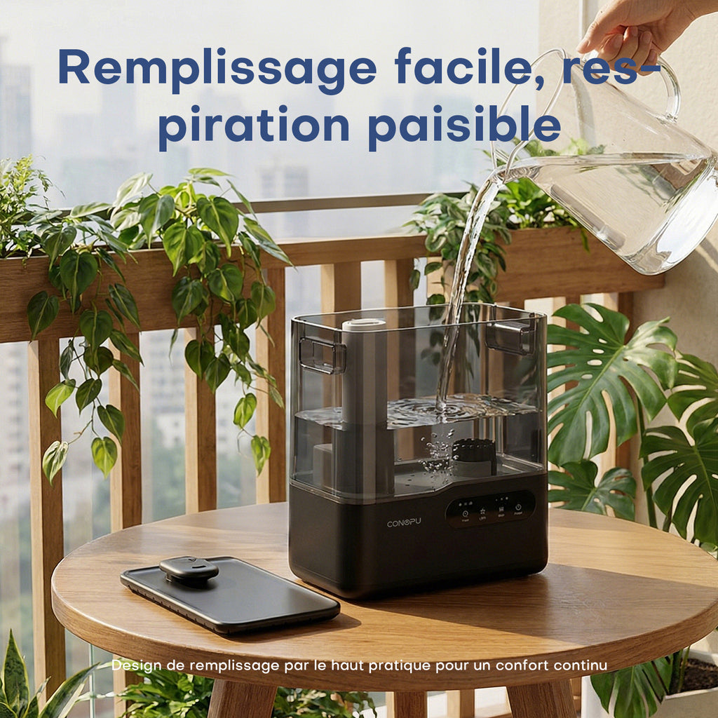 CONOPU Humidificateur ultrasonique 5 L à remplissage par le haut, double buse 360°, plateau d’aromathérapie et veilleuse à 7 couleurs, mode veille ultra silencieux, minuterie et arrêt automatique