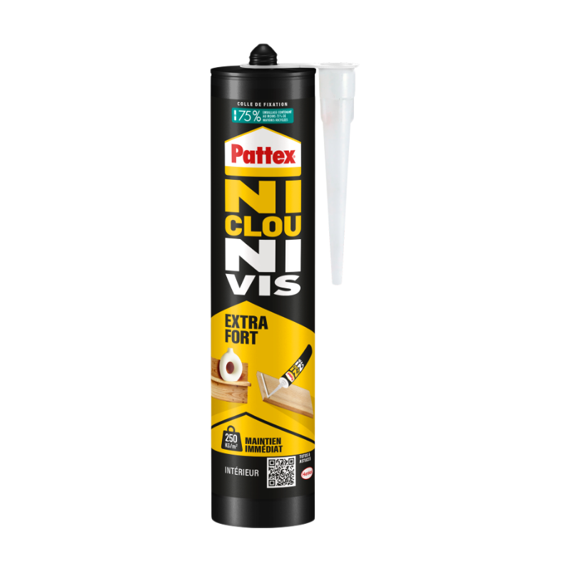Pattex – Ni Clou Ni Vis Extra Fort (cartouche de 380 g) – Colle de fixation à maintien immédiat – Rapide pour usage intérieur surpuissante