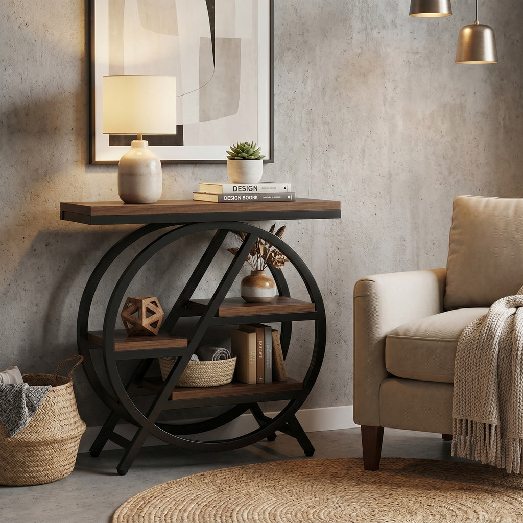 LANTINE Table d'appoint 3 niveaux avec rangement Cadre métallique géométrique style industriel Marron rustique