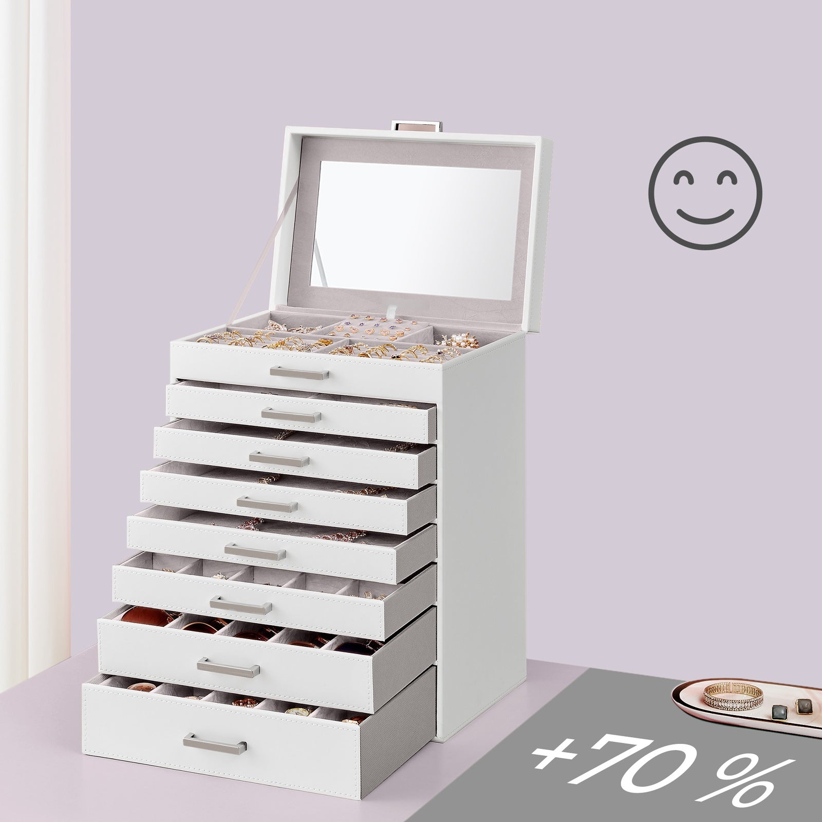 JOYFURNOS Grand Organisateur de Boîte à Bijoux à 8 Niveaux avec Compartiment de Rangement Dédié pour Montres, Design de Tiroir Empilable avec Plateau en Verre Transparent