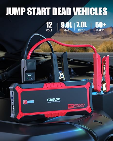Démarreur de voiture GOOLOO, boosteur de batterie de voiture 3000A de pointe, boîte de démarrage 12V pour batterie de voiture jusqu'à 9L d'essence ou 7L de diesel, boosteur de batterie avec batterie externe / charge rapide / lumière LED