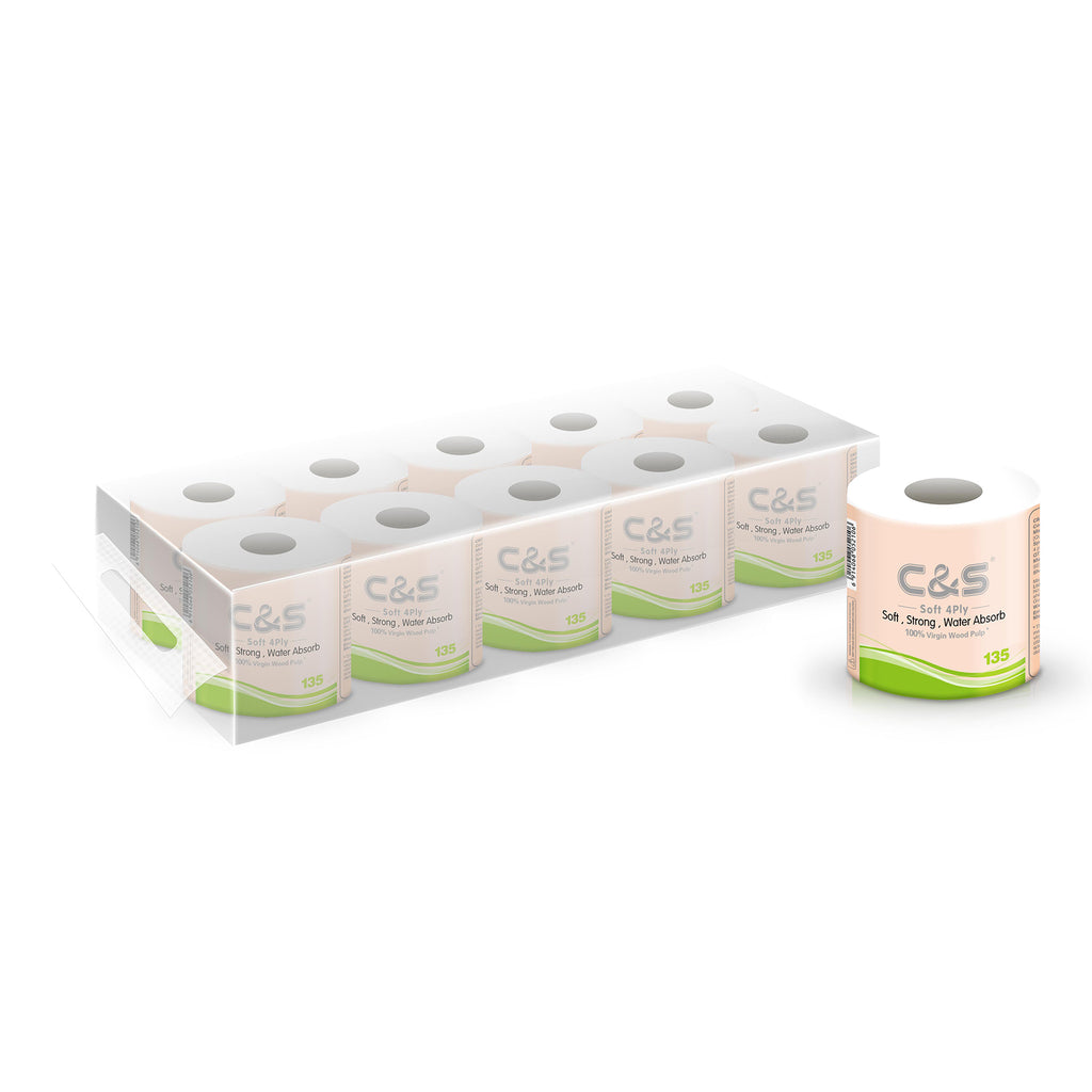 C&S Papier toilette, 4 épaisseurs, 135 g, 10 rouleaux, doux, durable, format familial économique