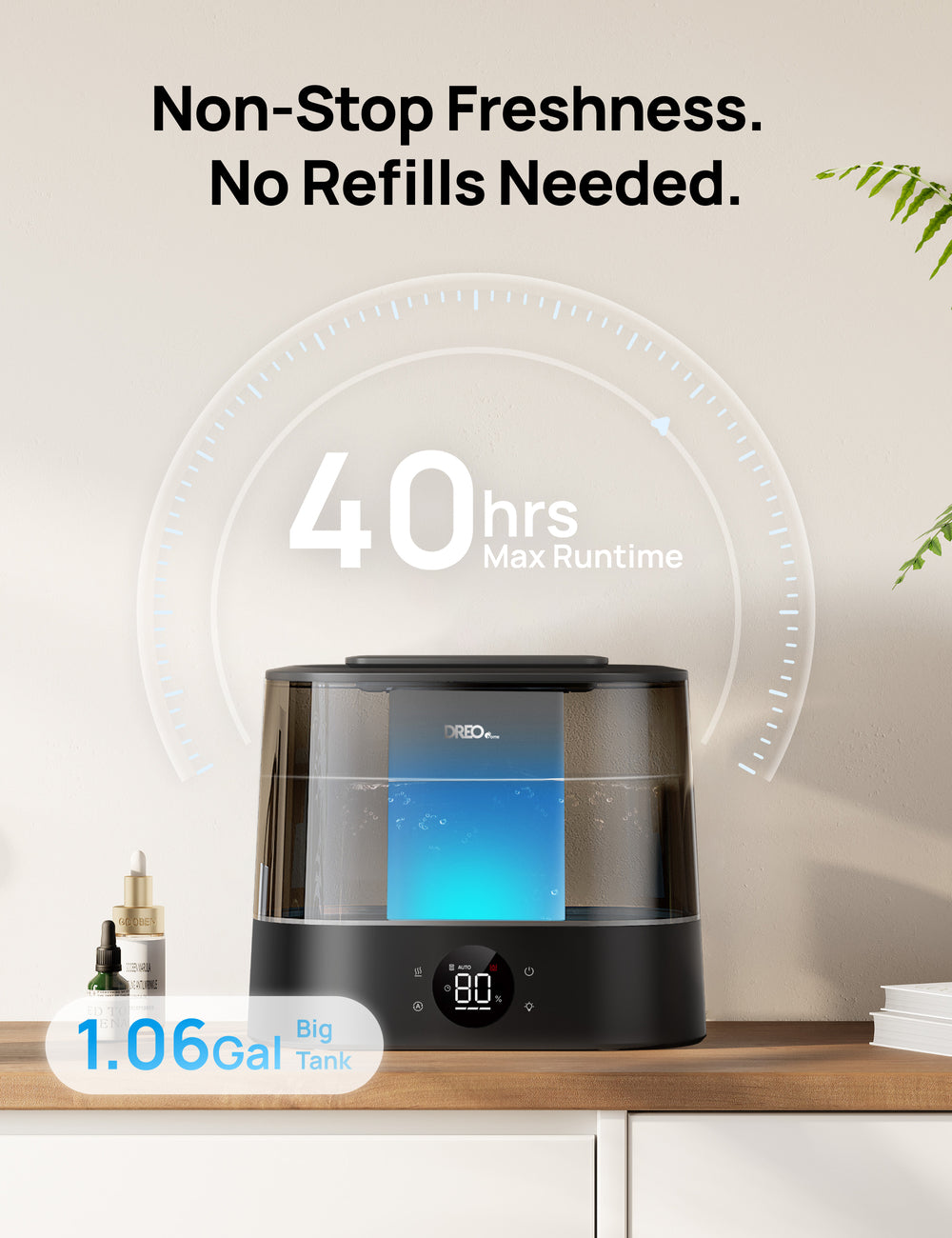 DREO Humidificateur ultrasonique intelligent – Réservoir d’eau 4 L, Autonomie 30 h, Contrôle intelligent par application, 6 niveaux de brume, Ultra-silencieux, Diffuseur d’arômes