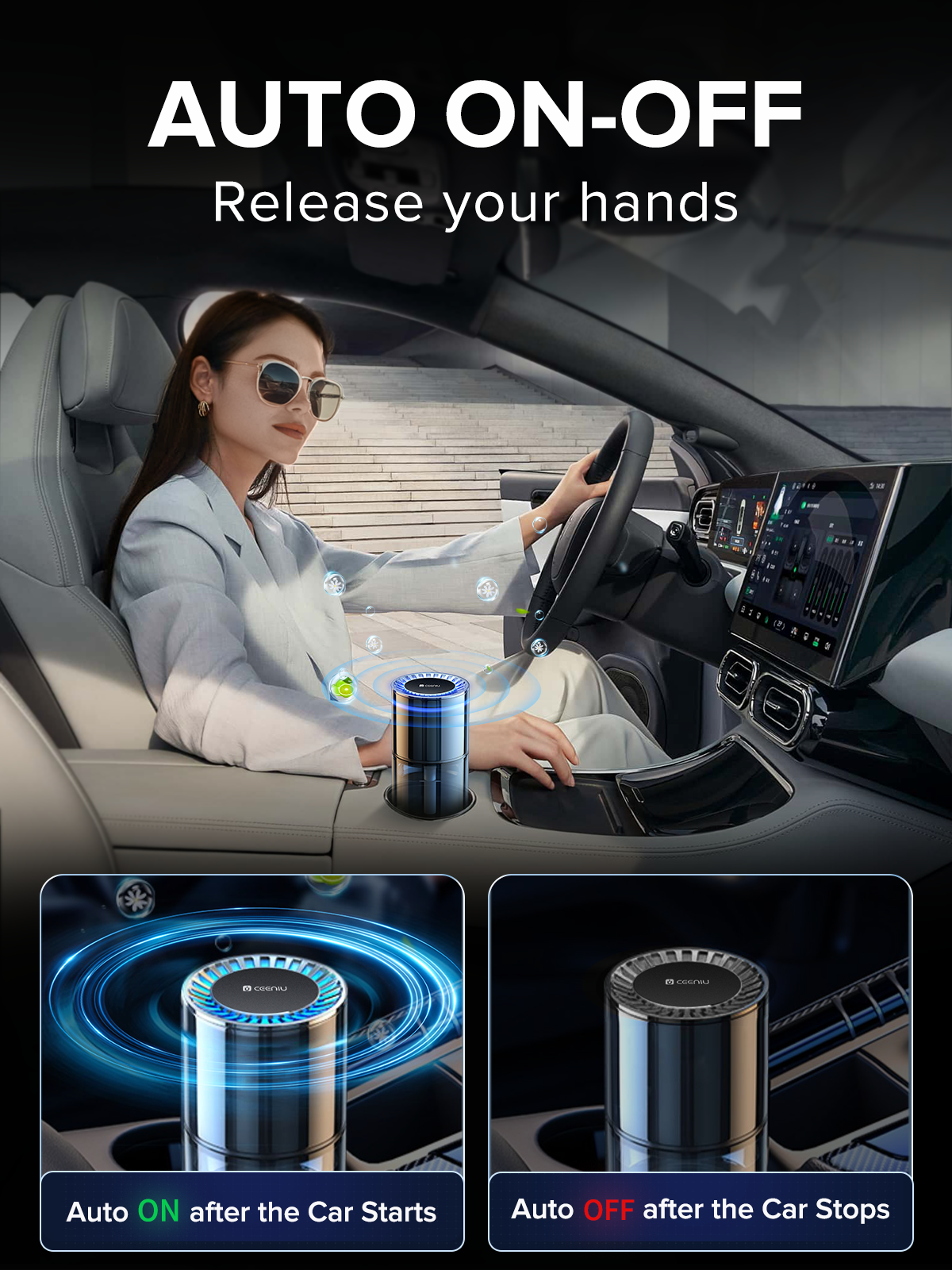 CEENIU CF3A Désodorisant Voiture Intelligent, Diffuseur d'Arômes 135 ml, Dure 6 Mois, Auto ON/OFF, Multimode Réglable avec Lumière Ambiante, Parfum Français Naturel, Parfum Menthe Glaciale