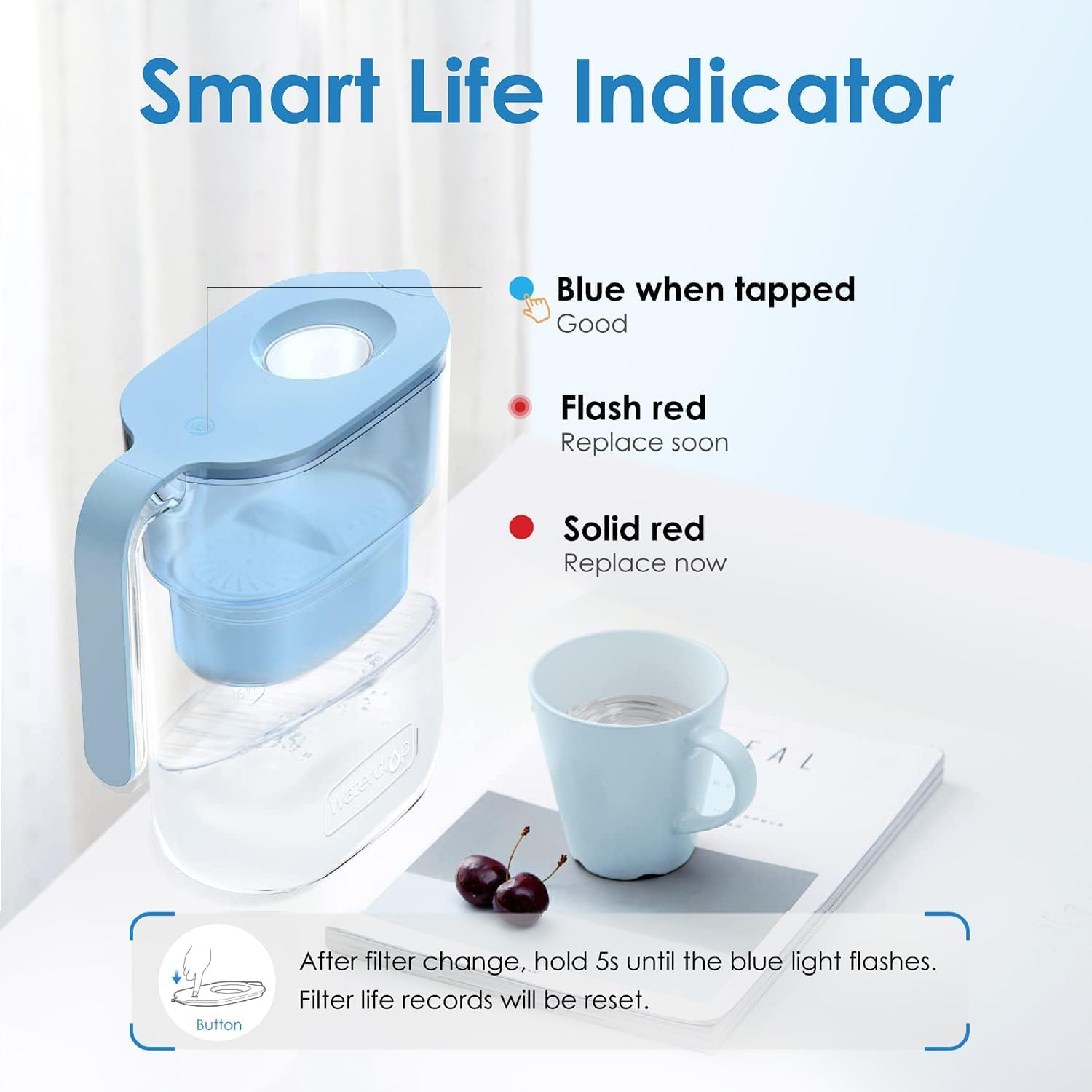 waterdrop Elfin Carafe Filtrante de Réfrigérateur avec 1 Cartouche Filtrante de 90 Jours, Réduit le Fluor, le Chlore et Plus, 2,5 L, Certifié NSF, sans BPA, Bleu
