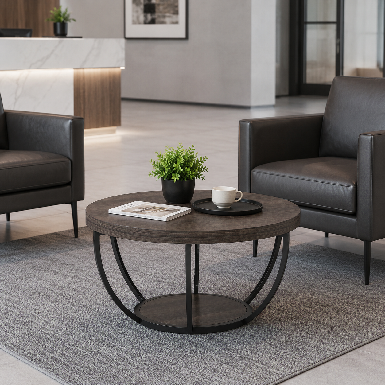 LANTINE Table basse ronde 80 cm à 2 niveaux avec étagères de rangement - Gris