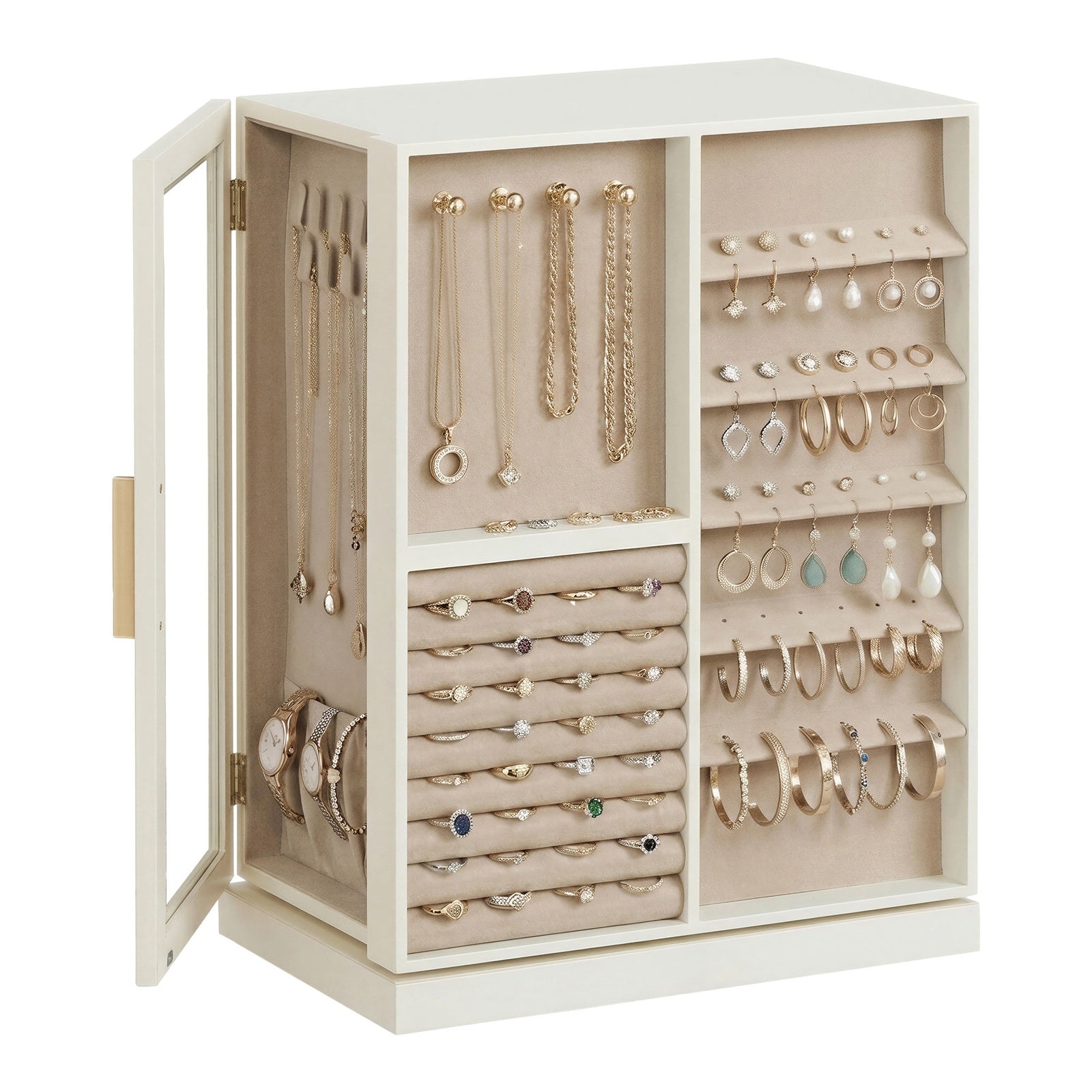 JOYFURNOS Organisateur de bijoux rotatif à 360°, Boîte de rangement verticale avec fenêtre en verre, 7 tiroirs, Idée cadeau, Blanc