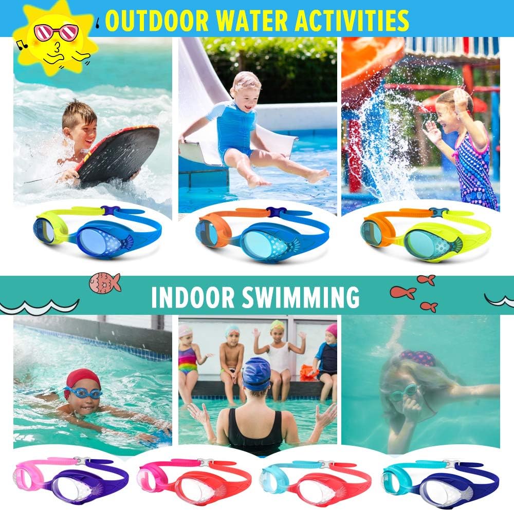 OutdoorMaster Lot de 2 lunettes de natation pour enfants - Lunettes de natation à sangle rapidement réglable pour enfants, Orange et bleu + Bleu et rouge