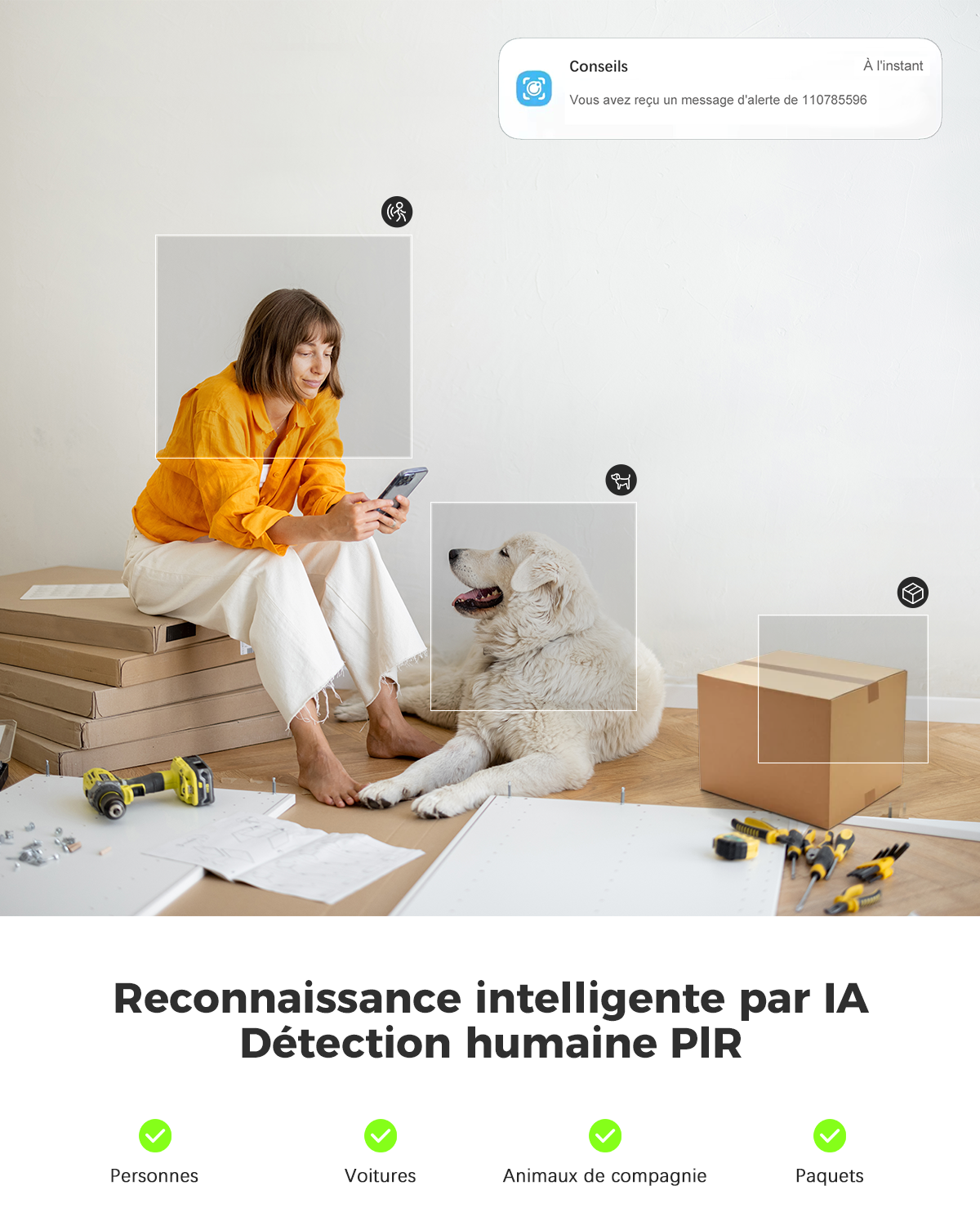 COCOCAM Caméra de sécurité intérieure 2K pivotante/inclinable, batterie 5200 mAh, WiFi sans fil, détection IA et PIR, 2,4 GHz, Noir