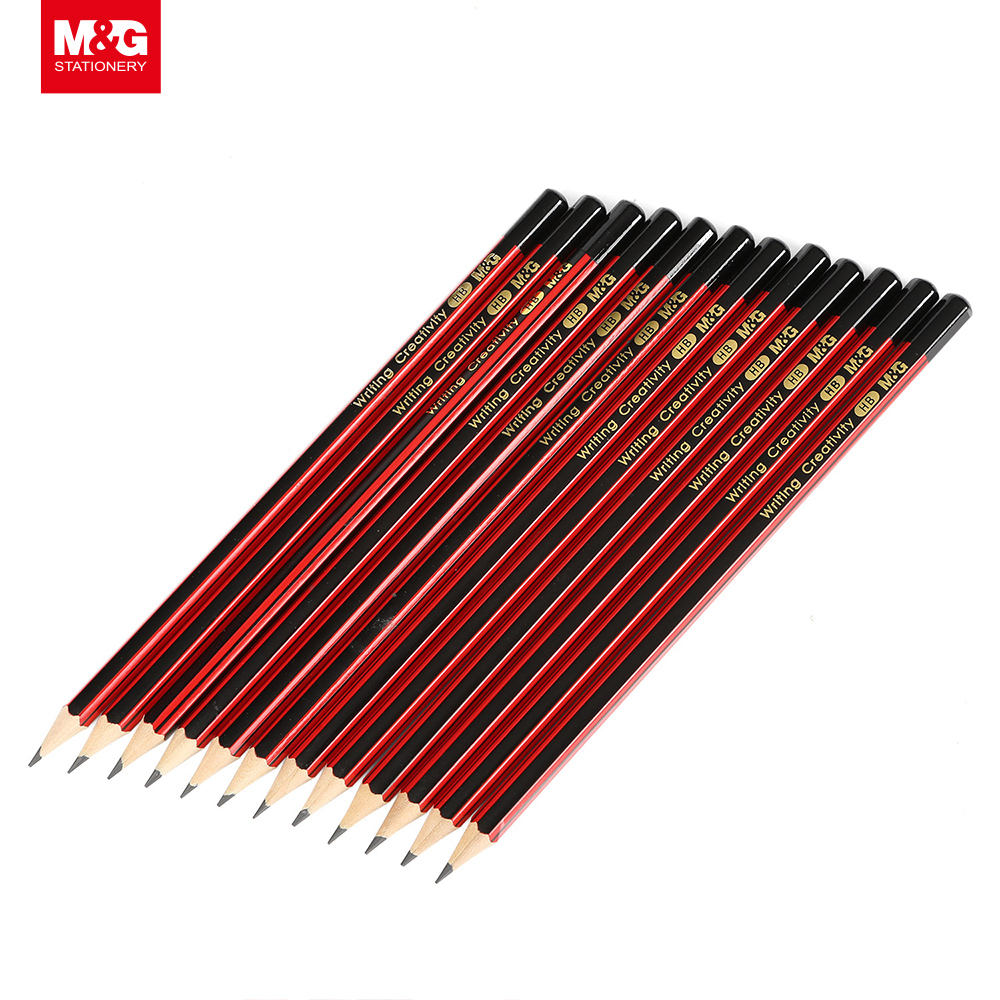 M&G Lot de 12 crayons graphite HB en bois - Rayures rouges et noires