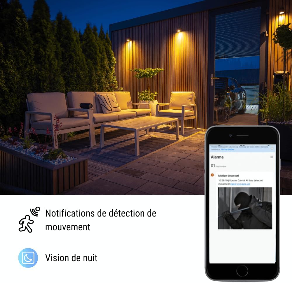 Konyks Camini Air SE Caméra de Surveillance d'extérieur sans fil, Wi-Fi, IP65, batterie 5200 mAh, Blanc