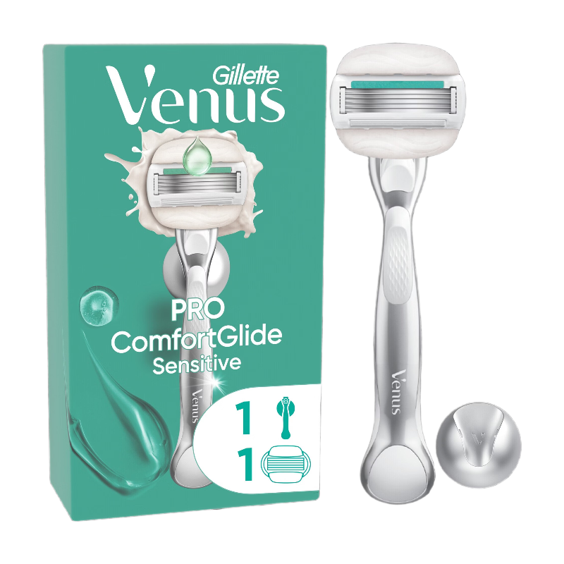 Gillette Venus Pro ComfortGlide rasoir pour femme, peaux sensibles, 1 manche + 1 cartouche de recharge, manche en métal réutilisable et porte-rasoir de douche