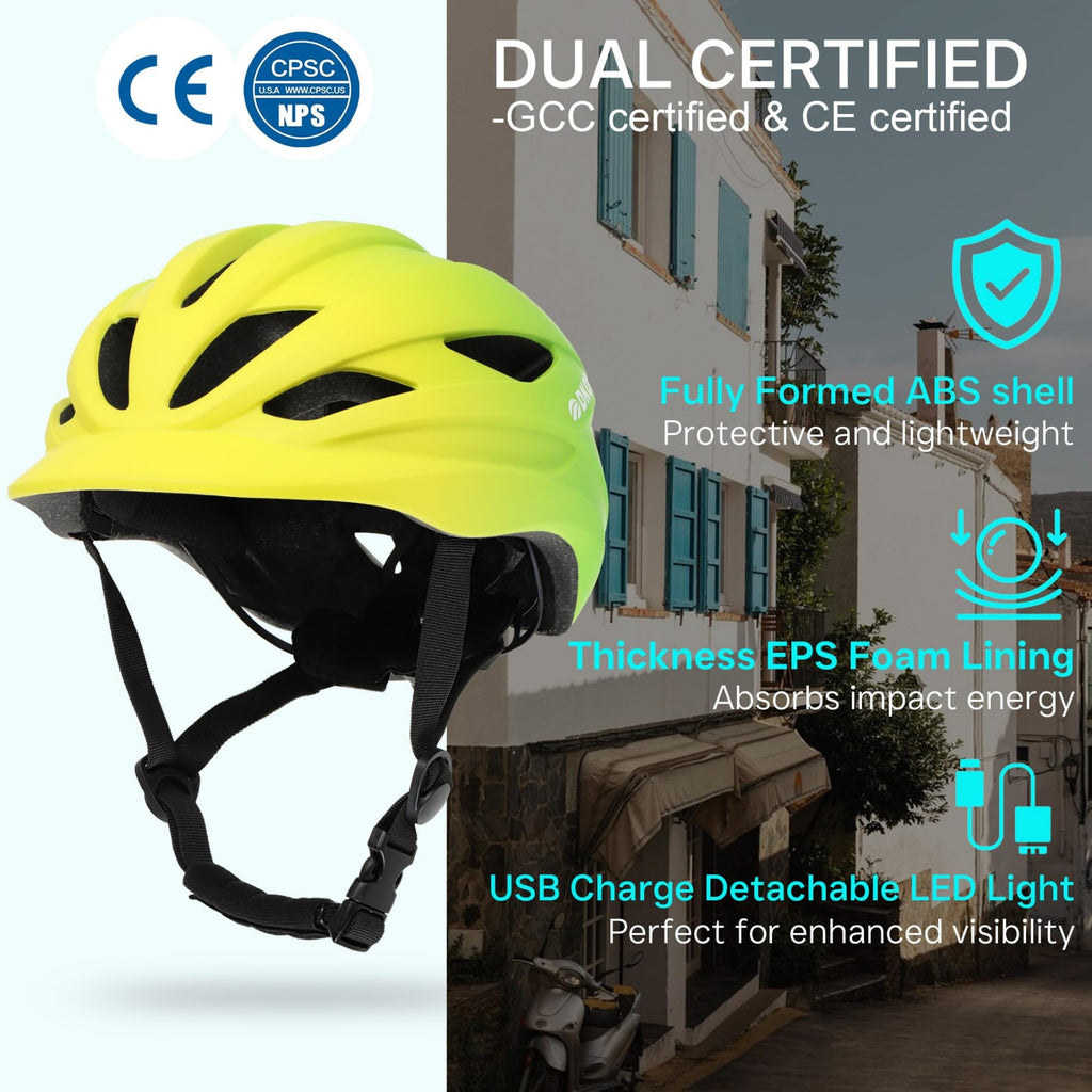 DKONI HS-086 Casque de vélo pour adulte avec lampe intégrée, jaune-vert, Taille L (58-61 cm)
