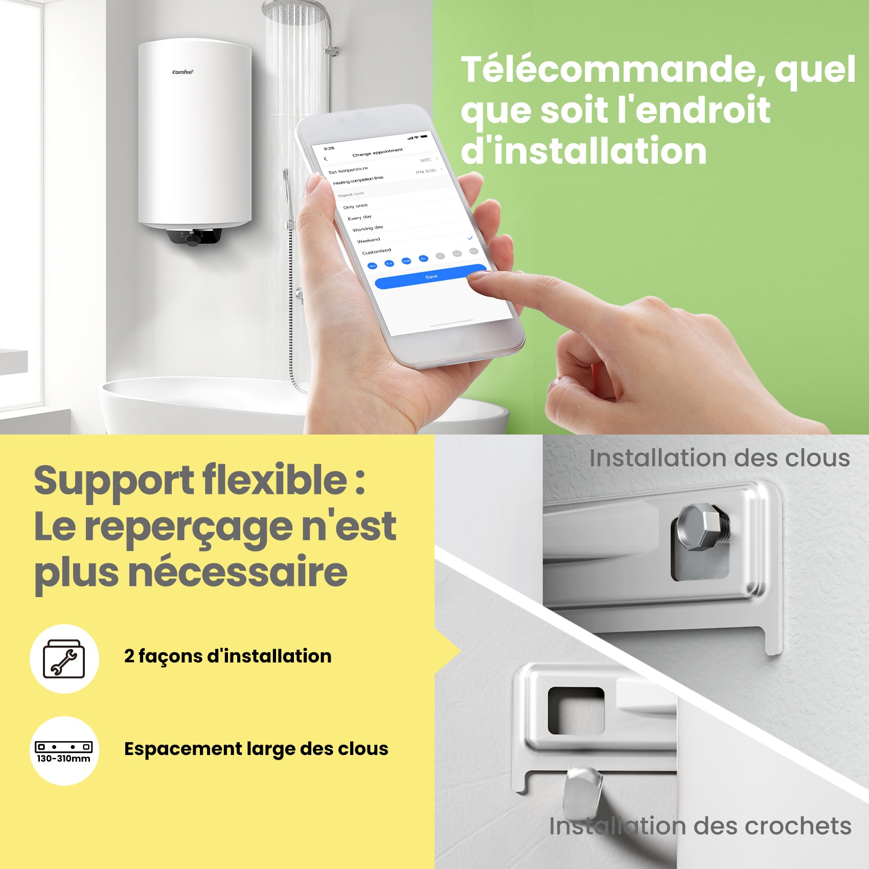 Comfee' D80-15EFG 80 L Chauffe-eau électrique mural - Réservoir au-dessus de l'évier - Contrôle Wi-Fi et compact facile à installer