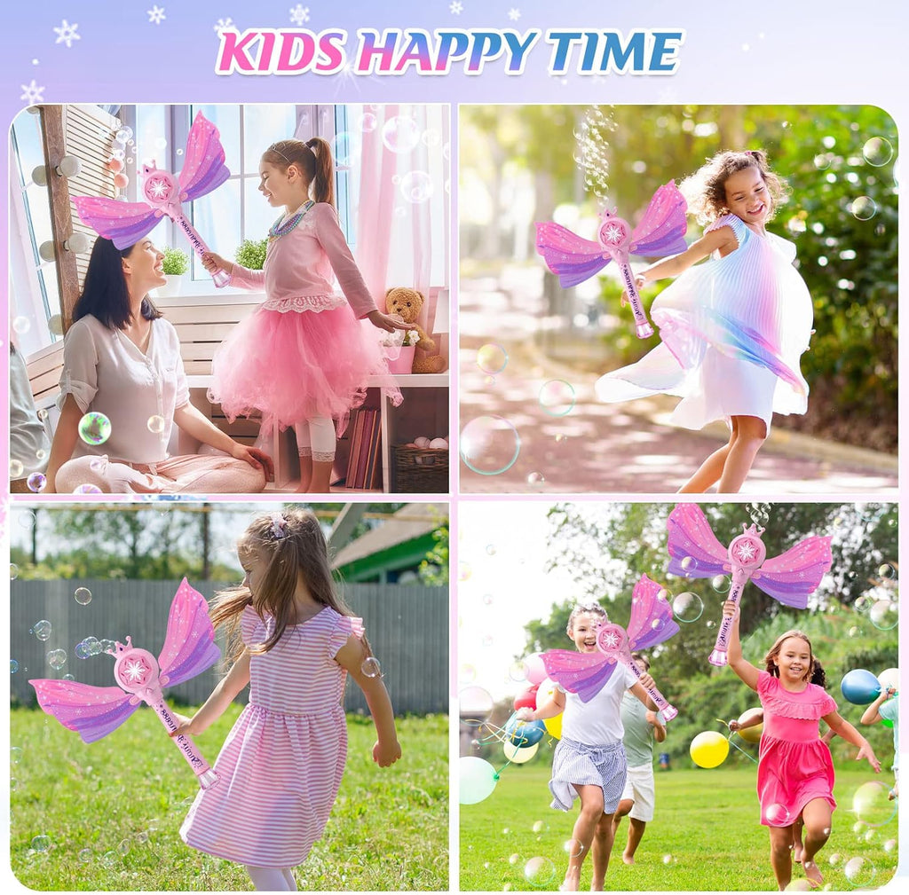 Jouet machine à bulles baguette magique de princesse, Baguette souffleur de bulles automatique avec lumière LED musique et couronne à ailes, Cadeau de jouet fabricant de bulles fée rose pour filles et enfants fête en plein air