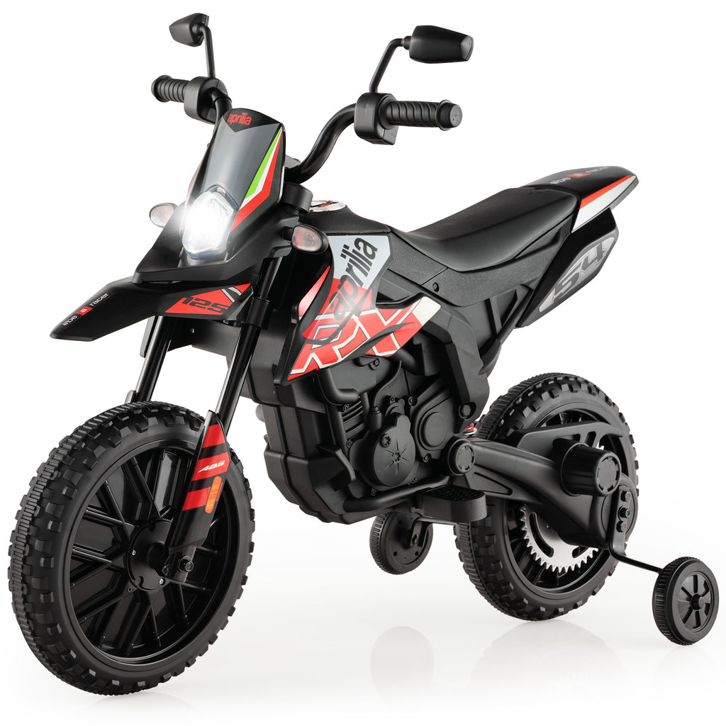 Moto électrique pour enfants 12 V avec roues d'apprentissage, modèle sous licence Aprilia, rouge