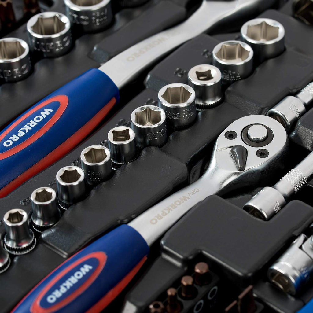 WORKPRO Jeu de clés à douille, de clés à cliquet et de clés à rainure en acier chrome-vanadium, outils mécaniques automobiles professionnels avec boîte rigide de 172 pièces