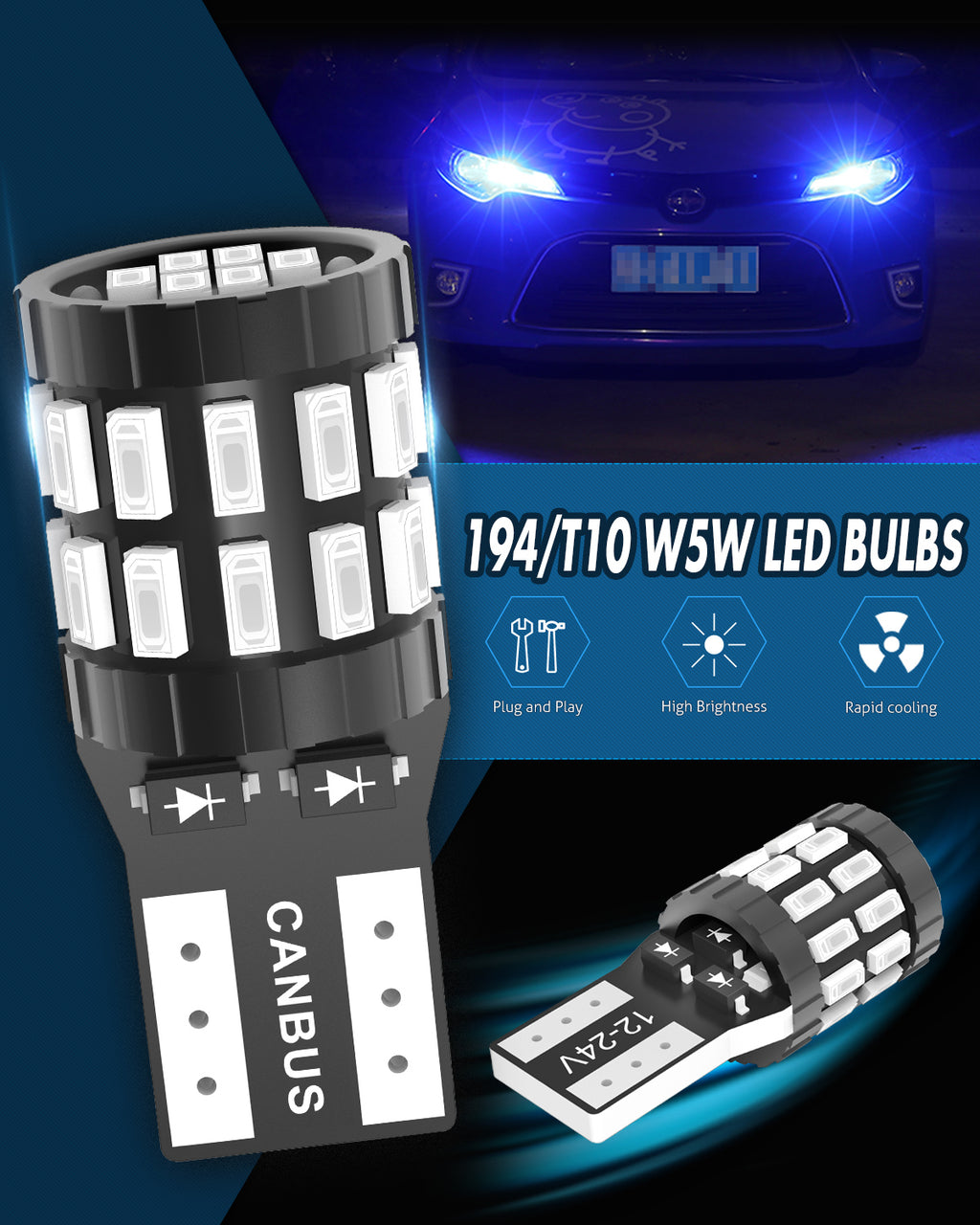 Katur 194 T10 W5W 501 168 Ampoule LED bleue super lumineuse 12-24 V CANbus sans erreur, Remplacement d'ampoule LED pour plafonnier, liseuse, éclairage de porte
