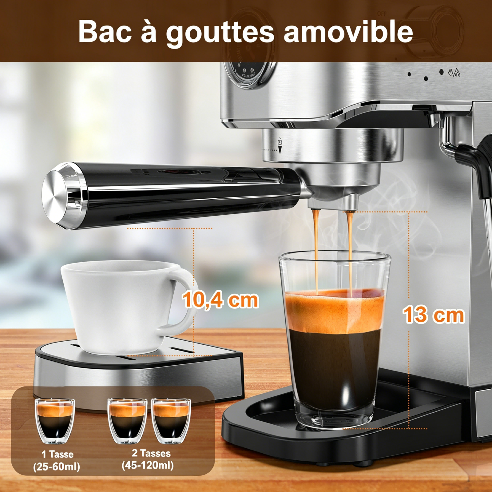 IAGREEA Machine à expresso professionnelle 20 bars avec manomètre, buse vapeur et plateau chauffe-tasses, machine à café à simple/double dose, réservoir d'eau amovible de 1,1 L